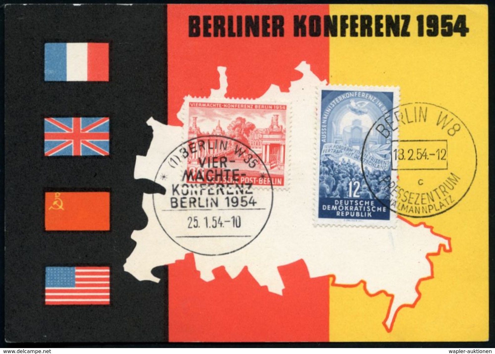 (1) BERLIN W35/ VIER-/ MÄCHTE/ *KONFERENZ* 1954 (25.1.) SSt Auf MiF 20 Pf. Viermächte-Konferenz + DDR Paar 12 Pf. Viermä - Seconda Guerra Mondiale