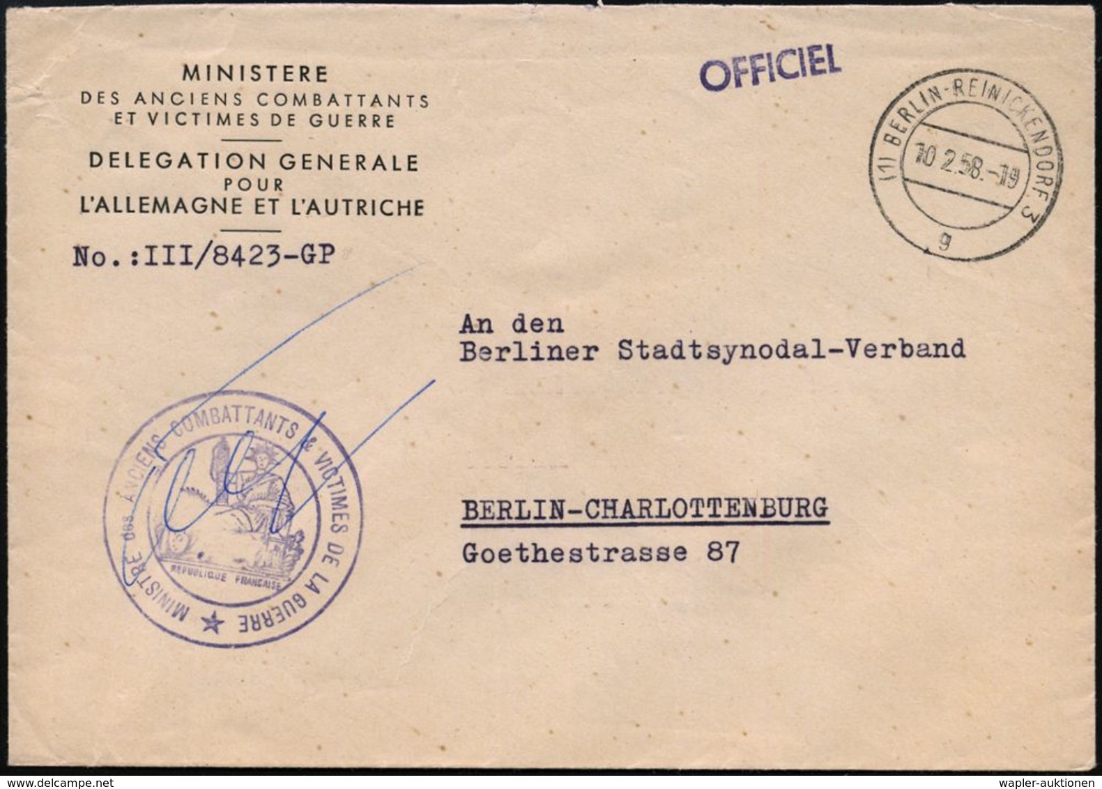 (1) BERLIN-REINICKENDORF 3/ G 1958 (10.2.) 2K-Steg + 1L: OFFICIEL + Viol. Dienst-2K-HdN: MINISTERE Des ANCIENS COMBAT-TA - Seconda Guerra Mondiale