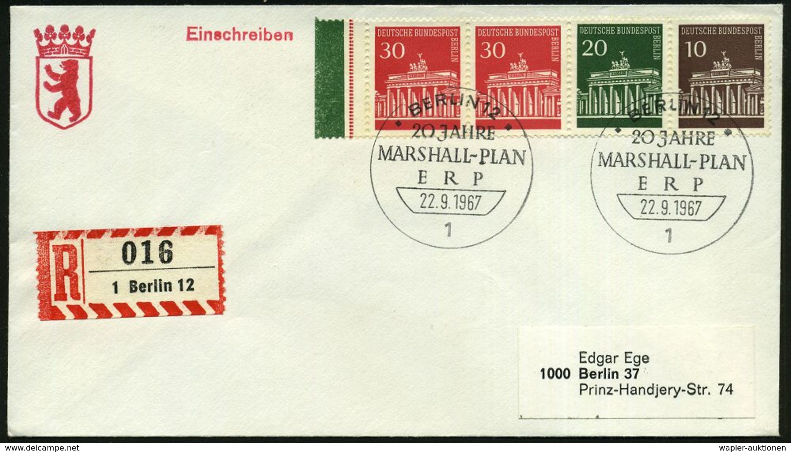 1 BERLIN 12/ 20 JAHRE/ MARSHALL-PLAN/ ERP 1967 (22.9.) SSt Auf Zus.-Druck Brandenburger Tor (Mi.W 43 Mit Farbrand, 30 Pf - Seconda Guerra Mondiale