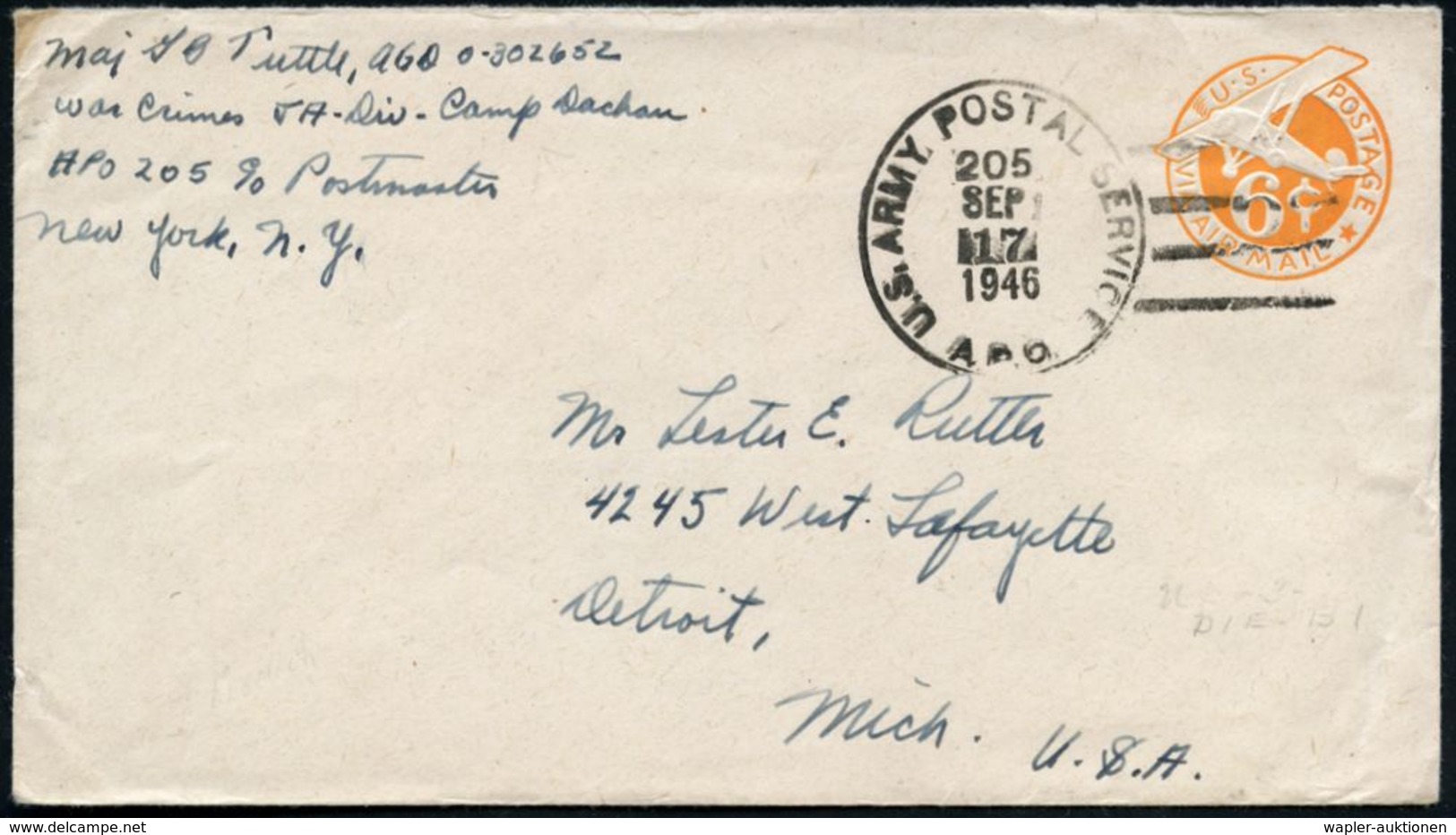 Dachau /  München 1946 (17.9.) Feldpost-1K-Killer: U.S. ARMY POSTAL SERVICE/205/A.P.O. = US.-Feldpostamt München + Hs. A - 2. Weltkrieg