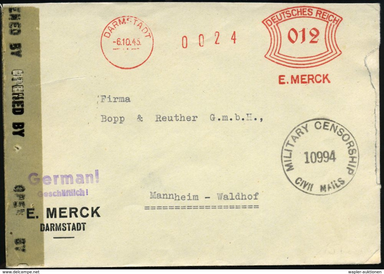 DARMSTADT/ E.MERCK 1945 (6.10.) AFS Bogenrechteck "DEUTSCHES REICH" Unverändert Weiterverwendet! (gr. Zählnr.!) + Schw.  - Seconda Guerra Mondiale