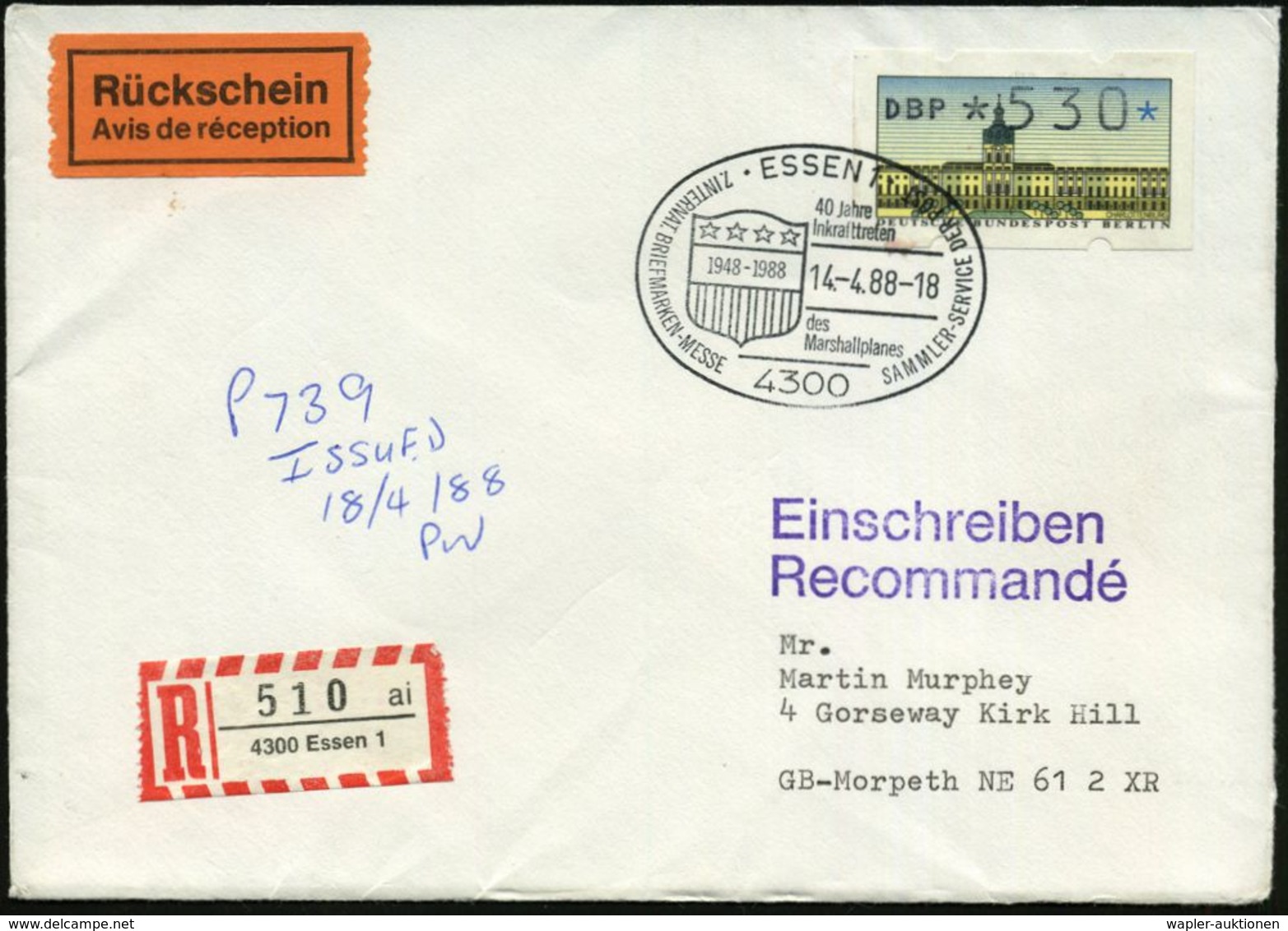 4300 ESSEN 1/ 40 Jahre/ Inkrafttreten/ Des/ Marshallplanes.. 1988 (14.4.) SSt = US-Wappen Auf EF 530 Pf. ATM Berlin Schl - WO2