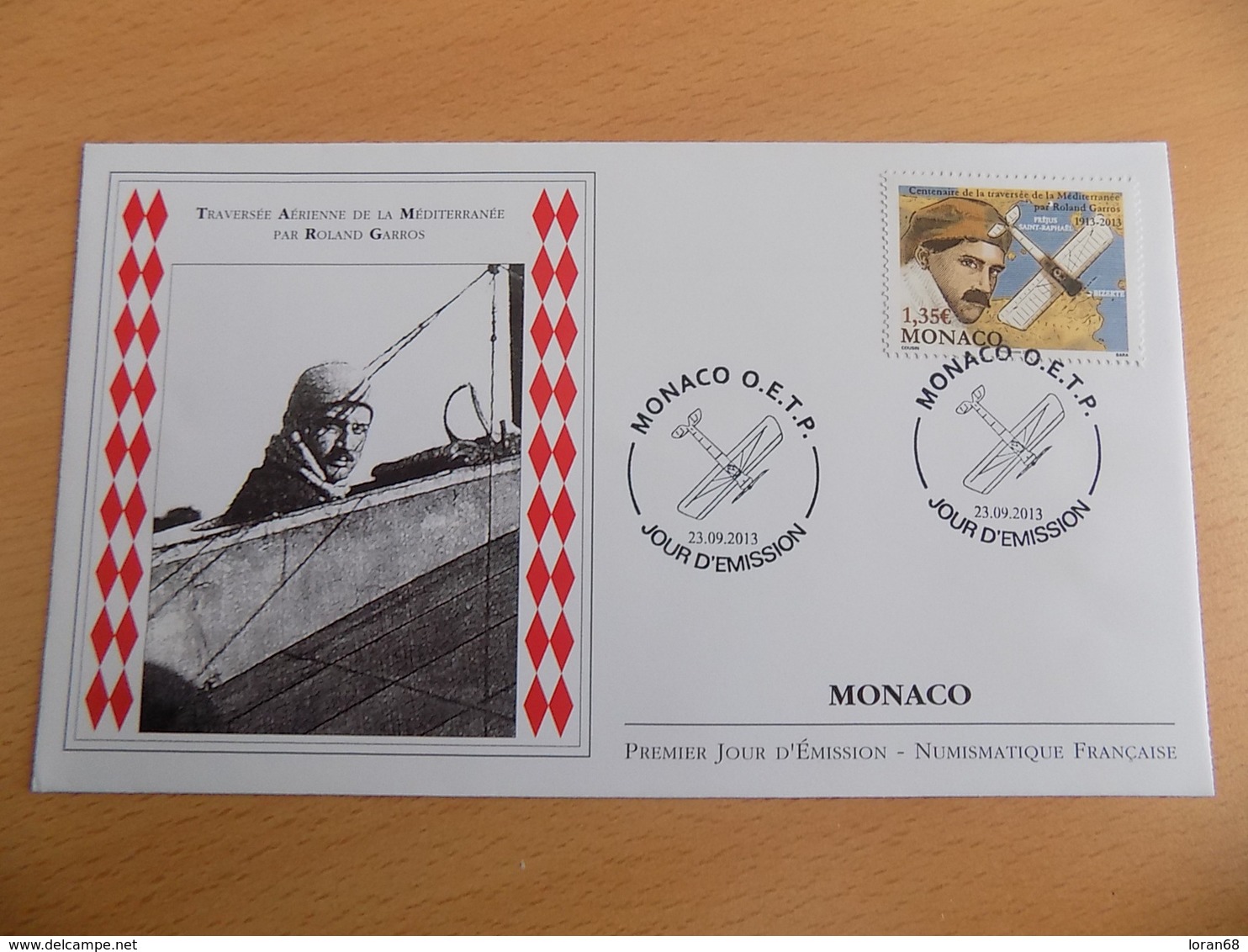 FDC MONACO 2013 : Traversée Aérienne De La Méditerranée Par Roland Garros (timbre De 1.35 Euro) - FDC