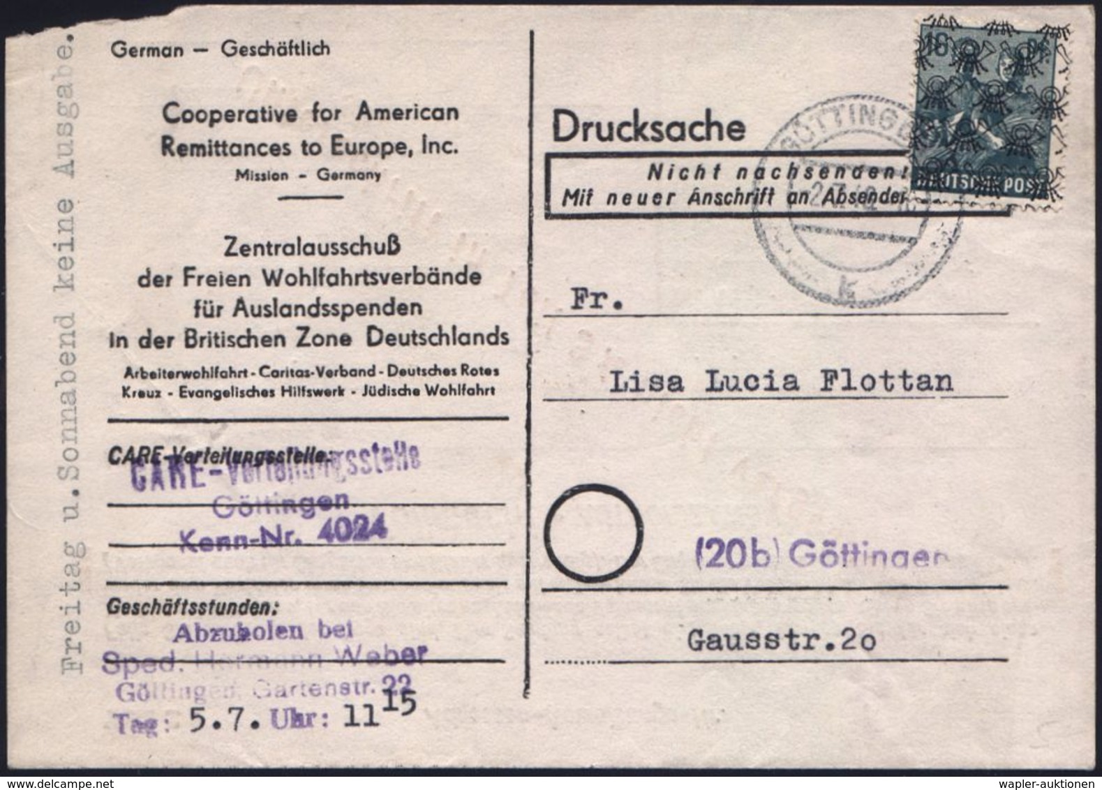 GÖTTINGEN 1/ K 1948 (2.7.) 2K-Steg Auf EF 16 Pf. Posthorn-Netz + Viol. HdN: CARE-Verbindungesstelle/Göttingen/Kenn-Nr. , - WW2