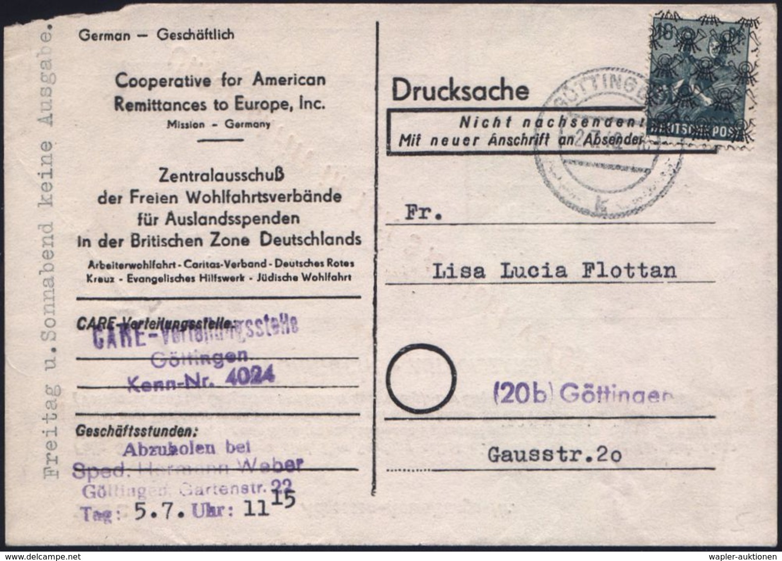 GÖTTINGEN 1/ K 1948 (2.7.) 2K-Steg Auf EF 16 Pf. Posthorn-Netz + Viol. HdN: CARE-Verbindungesstelle/Göttingen/Kenn-Nr. , - WO2