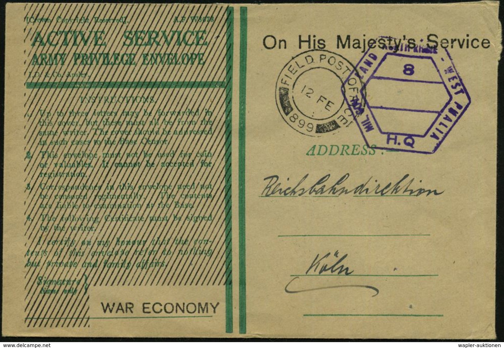 GROSSBRITANNIEN 1948 (12.2.) 2K: FIELD POST OFFICE/899 = Brit. Feldpost Nordrhein-Westf. + Viol. Achteck: MIL. GOV. LAND - 2. Weltkrieg