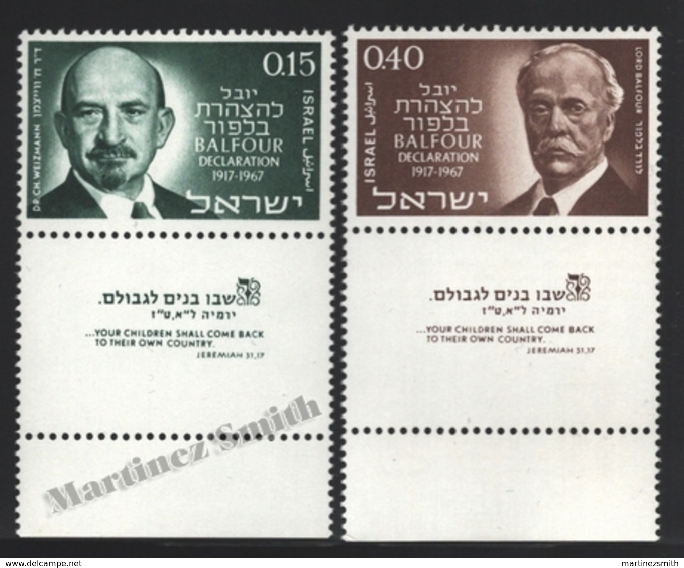 Israel 1967 Yv. 346-47, 50th Ann. Balfour Declaration, Jewish State – Tab - MNH - Unused Stamps (with Tabs)