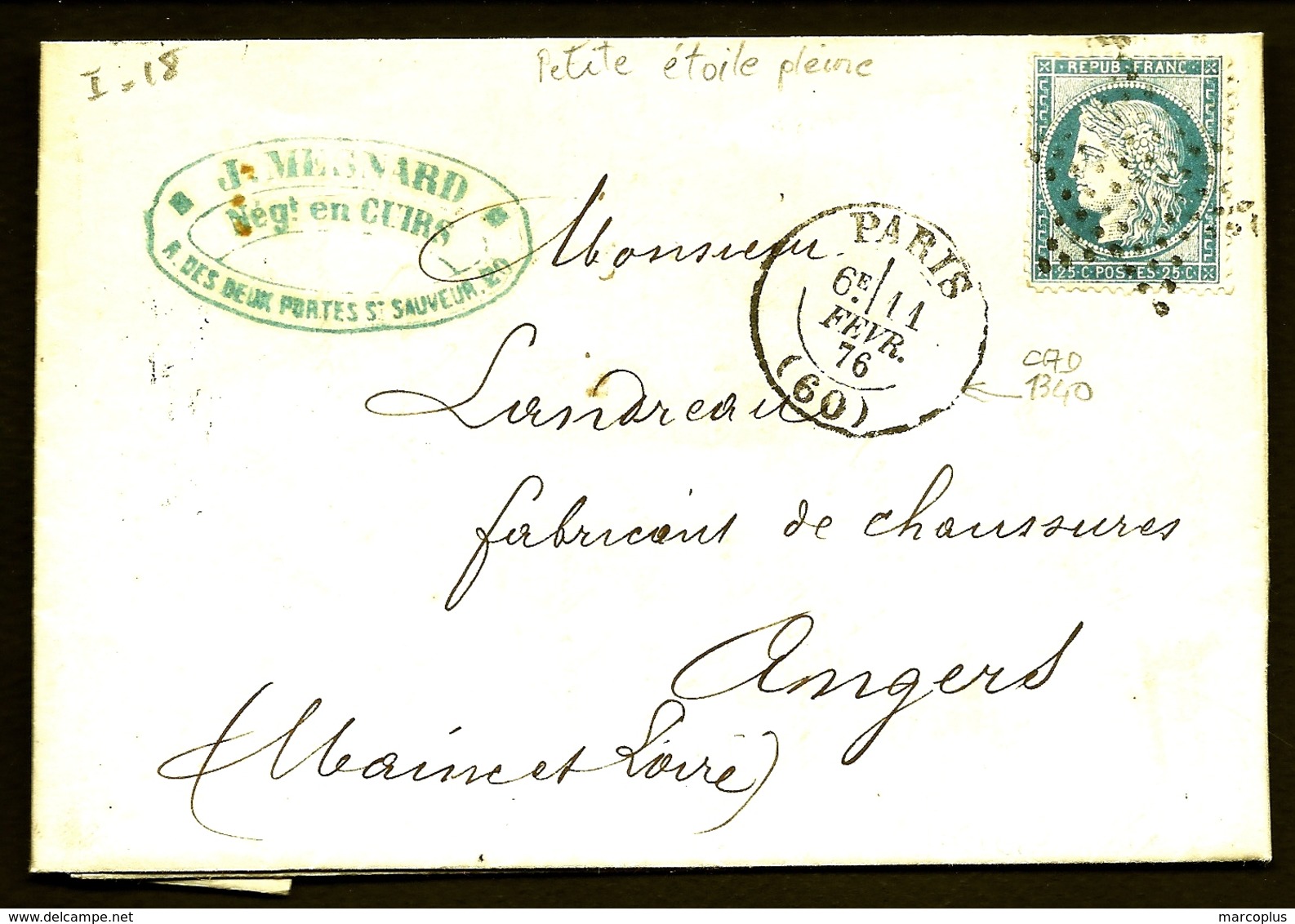 CP9- 23-  LETTRE CLASSIQUE TIMBRE CÉRÈS N°60C- RARE OBLIT. PETITE ETOILE PLEINE (?)- CAD PARIS 1876 T.1340- 3 SCANS - 1849-1876: Période Classique