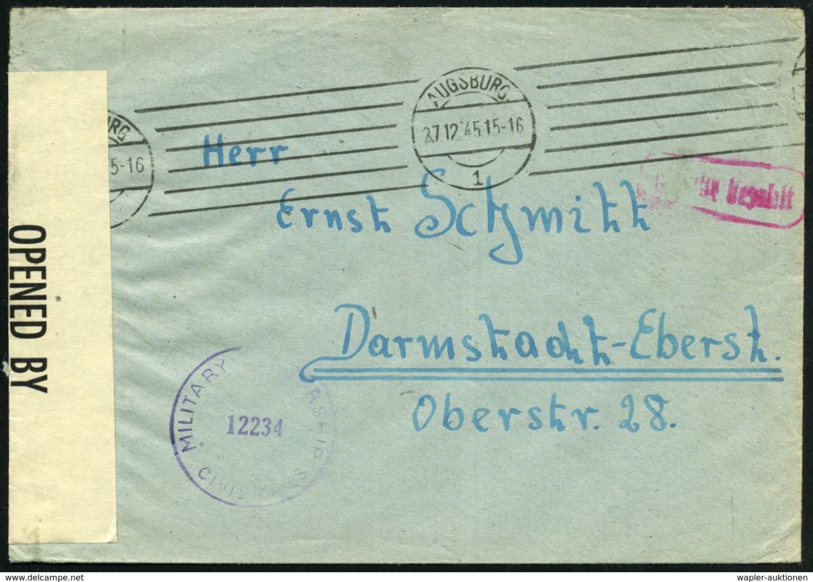 AUGSBURG/ 1 1945 (27.12.) BdMaSt. (6 Striche) + Ra.: Gebühr Bezahlt + US-Zensur-Streifen: OPENED BY/MIL. CEN.-CIVIL MAIL - Other & Unclassified