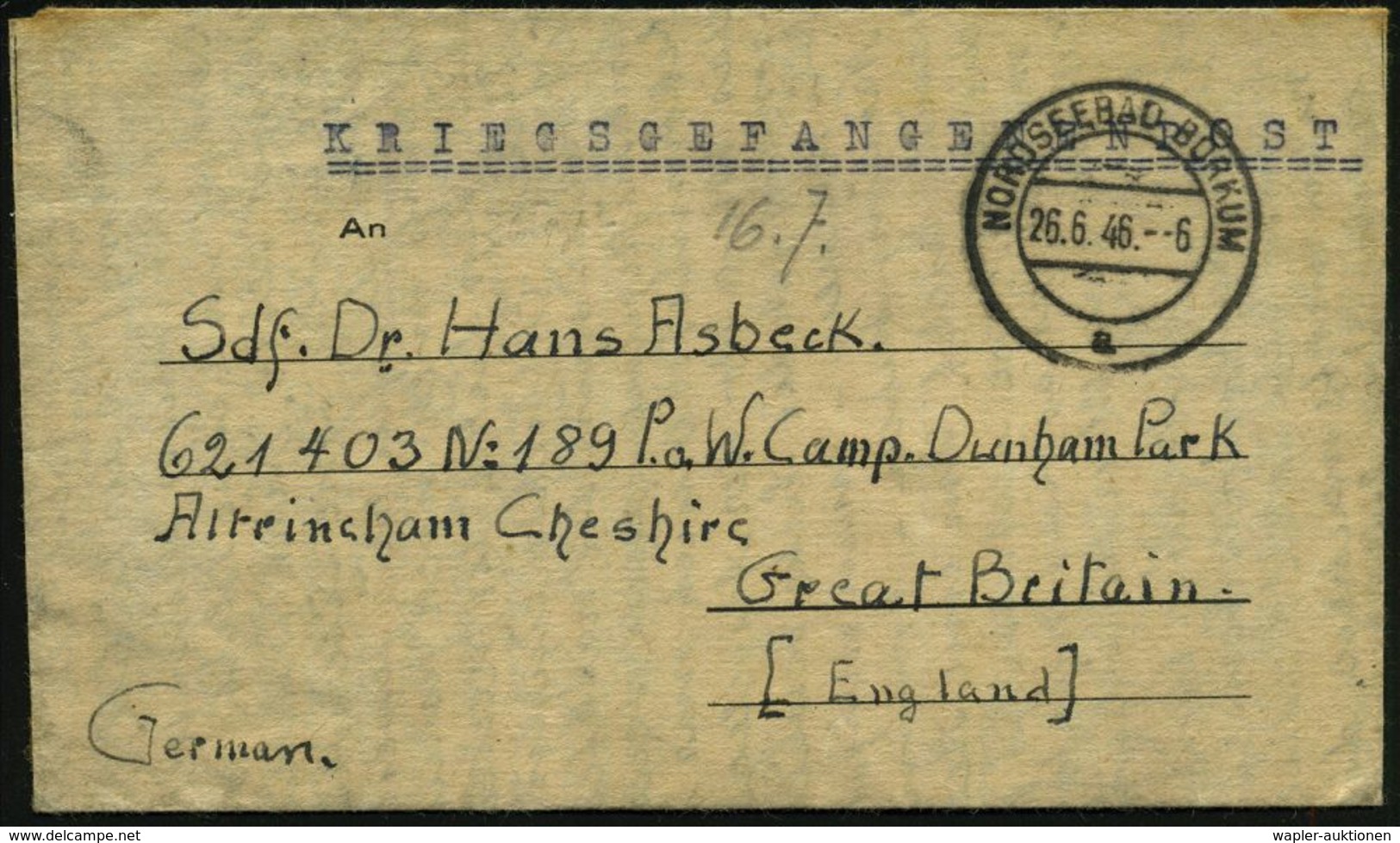 BORKUM NORDSEEBAD/ A 1946 (26.6.) 2K-Steg Auf Falt-Bf. "KRIEGSGEFANGENENPOST" Mit Interss. Inhalt über Evakuierung U. Ha - Andere & Zonder Classificatie