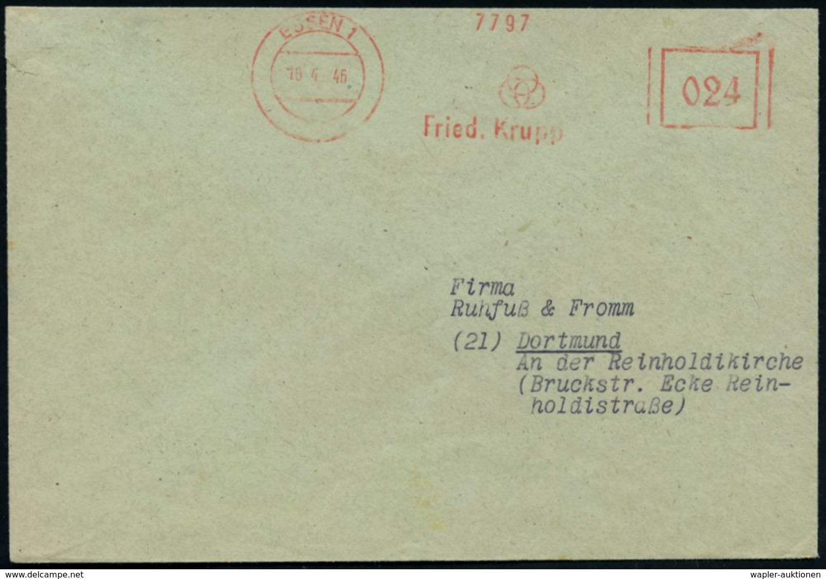 ESSEN 1/ Fried.Krupp 1946 (18.4.) Aptierter AFS (Firmen-Logo: 3 Ringe) + Rs. Abs.-Vordruck = Ehem. Rüstungsbetrieb Unter - Altri & Non Classificati