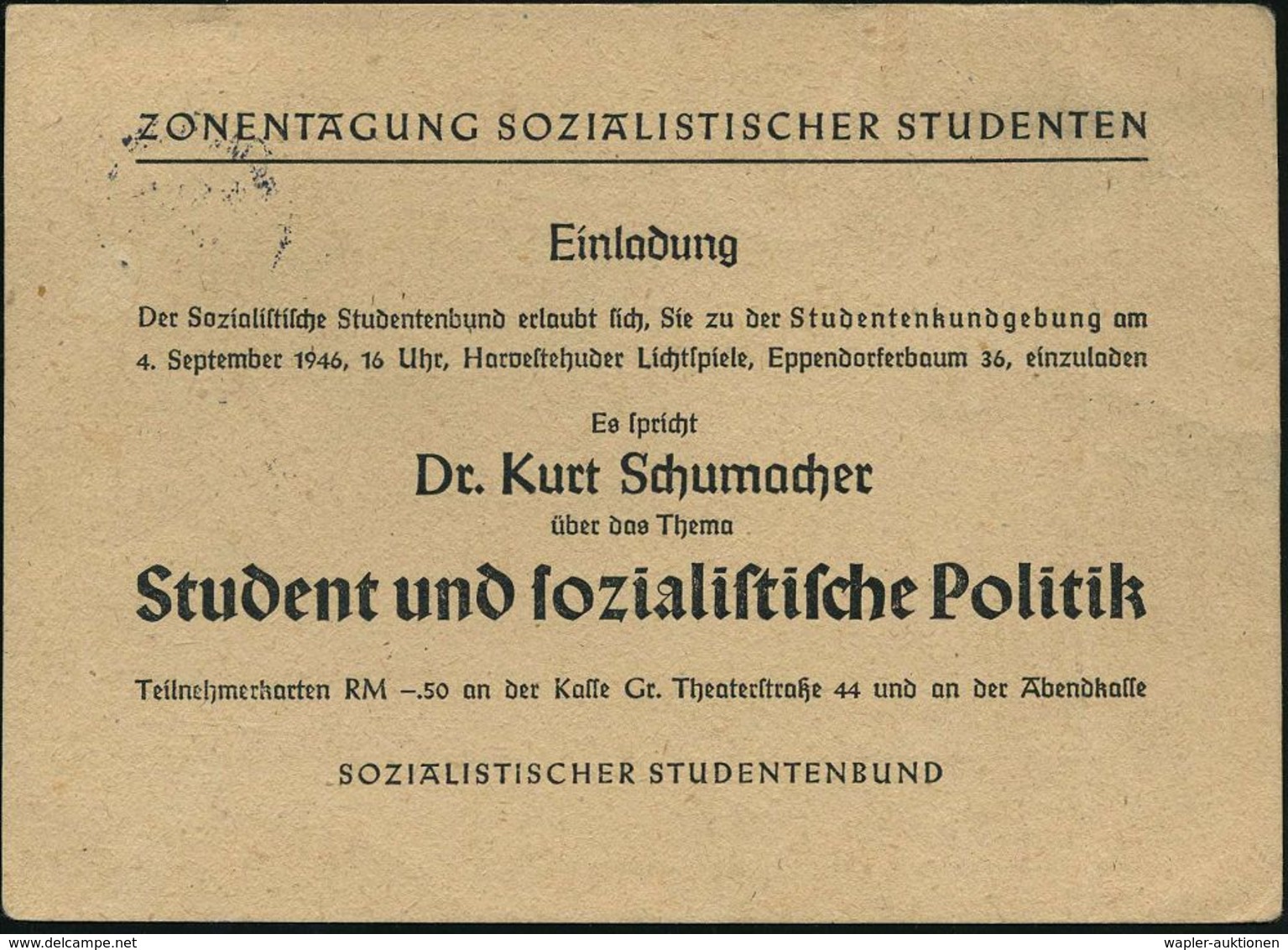 HAMBURG 1/ E 1946 (28.8.) MaWellenSt. Auf Vordr.-Orts-Kt.: Sozialist. Studentenbund (anschriftenseitig Fleckig) Rs. Einl - Altri & Non Classificati