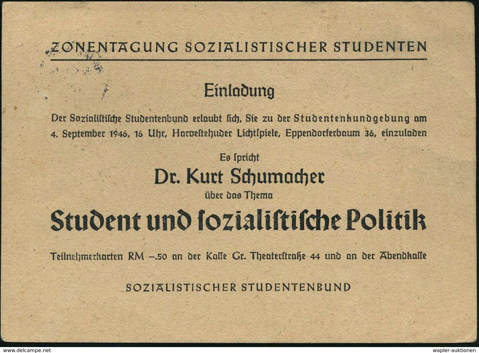 HAMBURG 1/ E 1946 (28.8.) MaWellenSt. Auf Vordr.-Orts-Kt.: Sozialist. Studentenbund (anschriftenseitig Fleckig) Rs. Einl - Andere & Zonder Classificatie