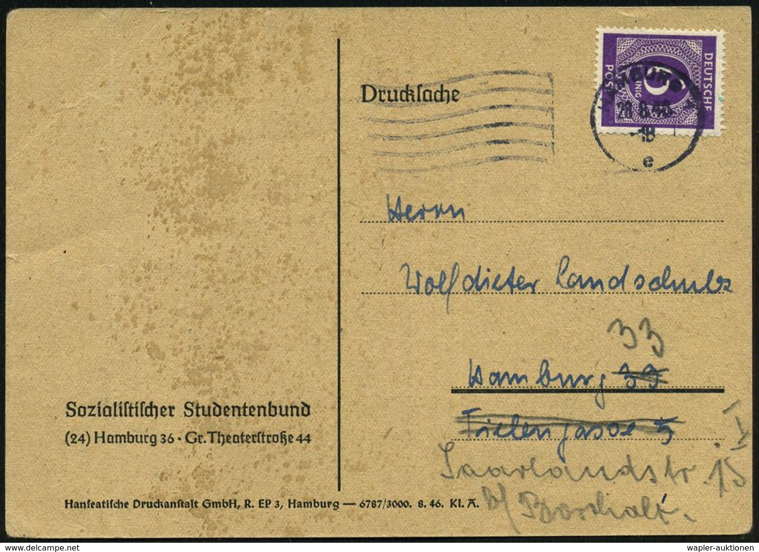 HAMBURG 1/ E 1946 (28.8.) MaWellenSt. Auf Vordr.-Orts-Kt.: Sozialist. Studentenbund (anschriftenseitig Fleckig) Rs. Einl - Altri & Non Classificati