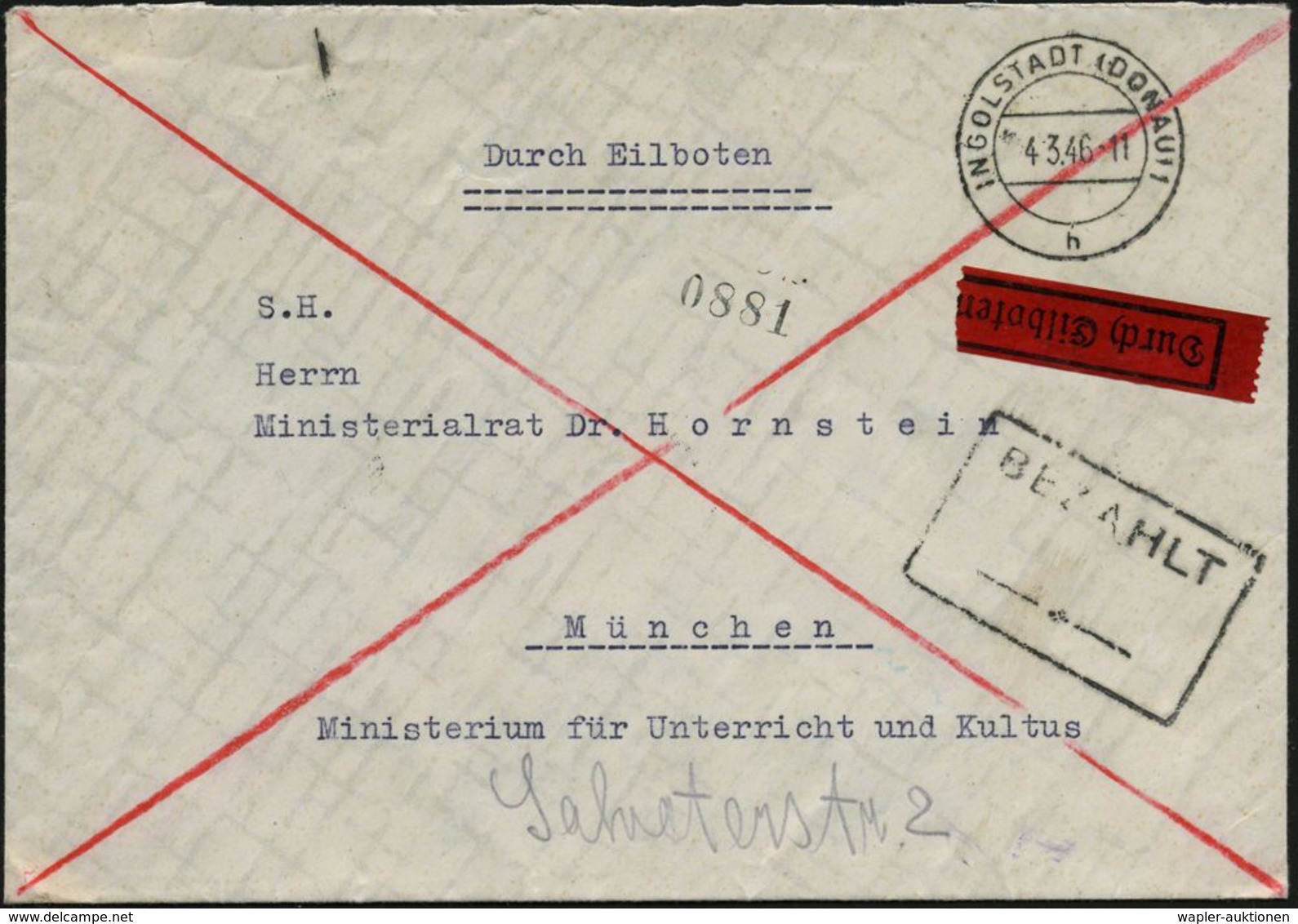 INGOLSTADT (DONAU)1/ H 1946 (4.3.) 2K-Steg + Schw. Ra: BEZAHLT Mit Tilde = Ungewöhnl. Form! (Richter Nr.4085) Fern-Eil-B - Sonstige & Ohne Zuordnung