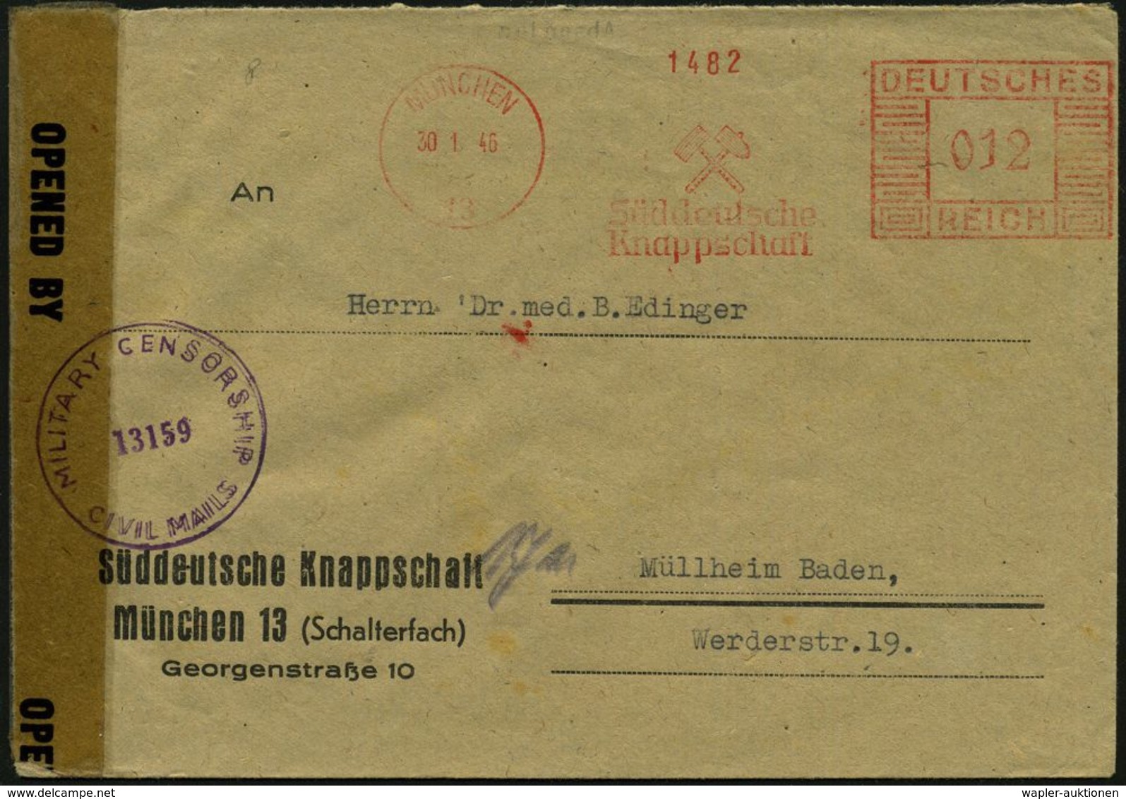 MÜNCHEN/ 13/ Süddeutsche/ Knappschaft 1946 (30.1.) AFS Francotyp "Mäanderrechteck" Unverändert Weiterverwen-det! (2 Berg - Autres & Non Classés