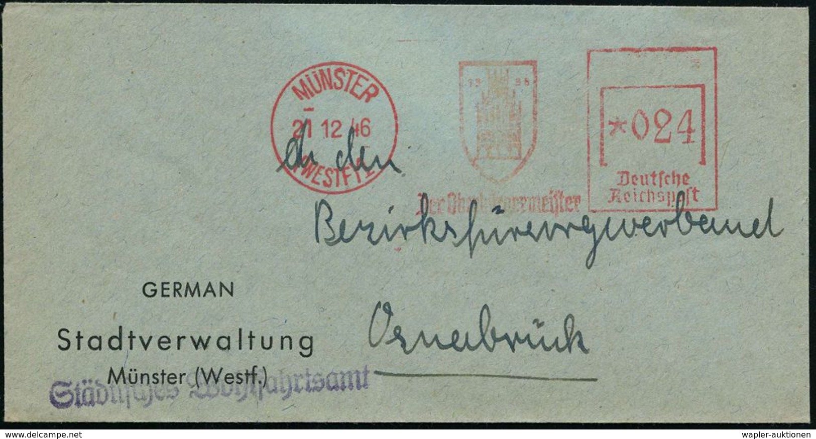 MÜNSTER/ (WESTF)1/ Der Oberbürgermeister 1946 (21.12.) Seltener, Aptieter AFS = NS-Adler + Untere Linie Des Wert-rahmens - Altri & Non Classificati