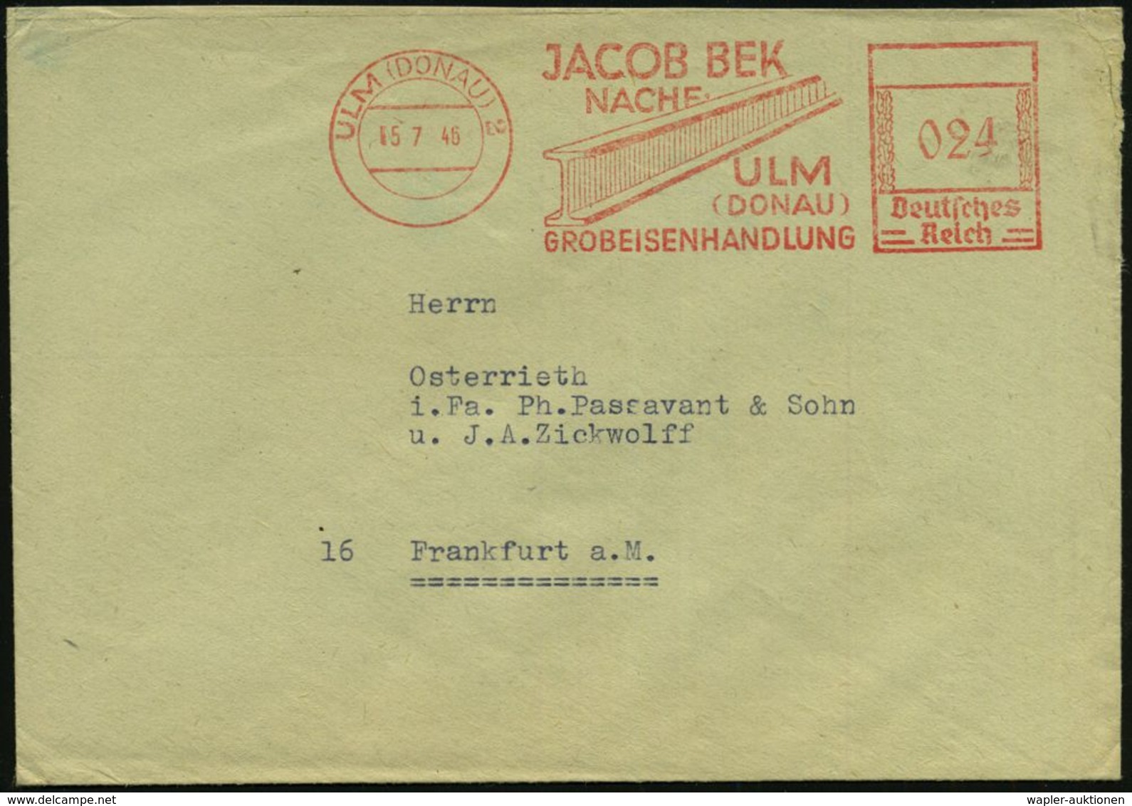 ULM (DONAU)2/ JACOB BEK/ NACHF/ ..GROBEISENHANDLUNG 1946 (5.7.) Aptierter AFS = Hakenkreuz Entfernt!, Abb.: T-Träger (kl - Autres & Non Classés