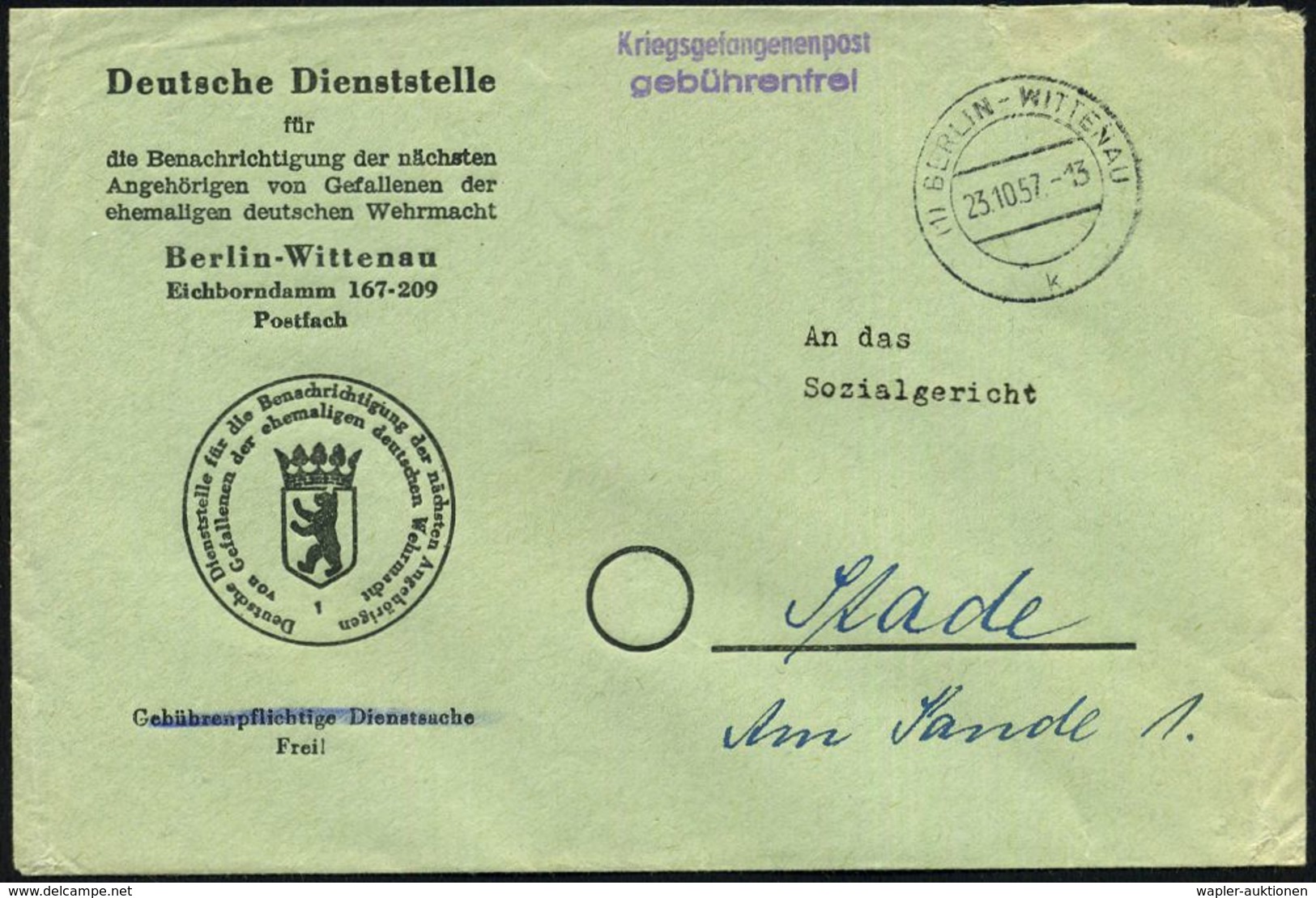 (1) BERLIN-WITTENAU/ K 1957 (23.10.) 2K-Steg + Viol. 2L: Kriegsgefangenenpost/gebührenfrei , Dienst-Bf.: WASt (Wehrmacht - Sonstige & Ohne Zuordnung