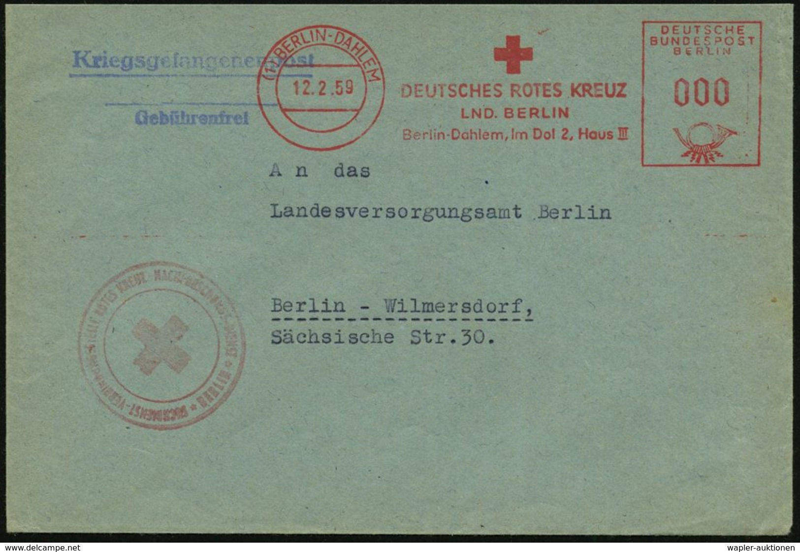 (1) BERLIN-DAHLEM/ DEUTSCHES ROTES KREUZ/ LND.BERLIN.. 1959 (12.2.) AFS 000 +  2L: Kriegsgefangenenpost/ Gebührenfrei +  - Altri & Non Classificati