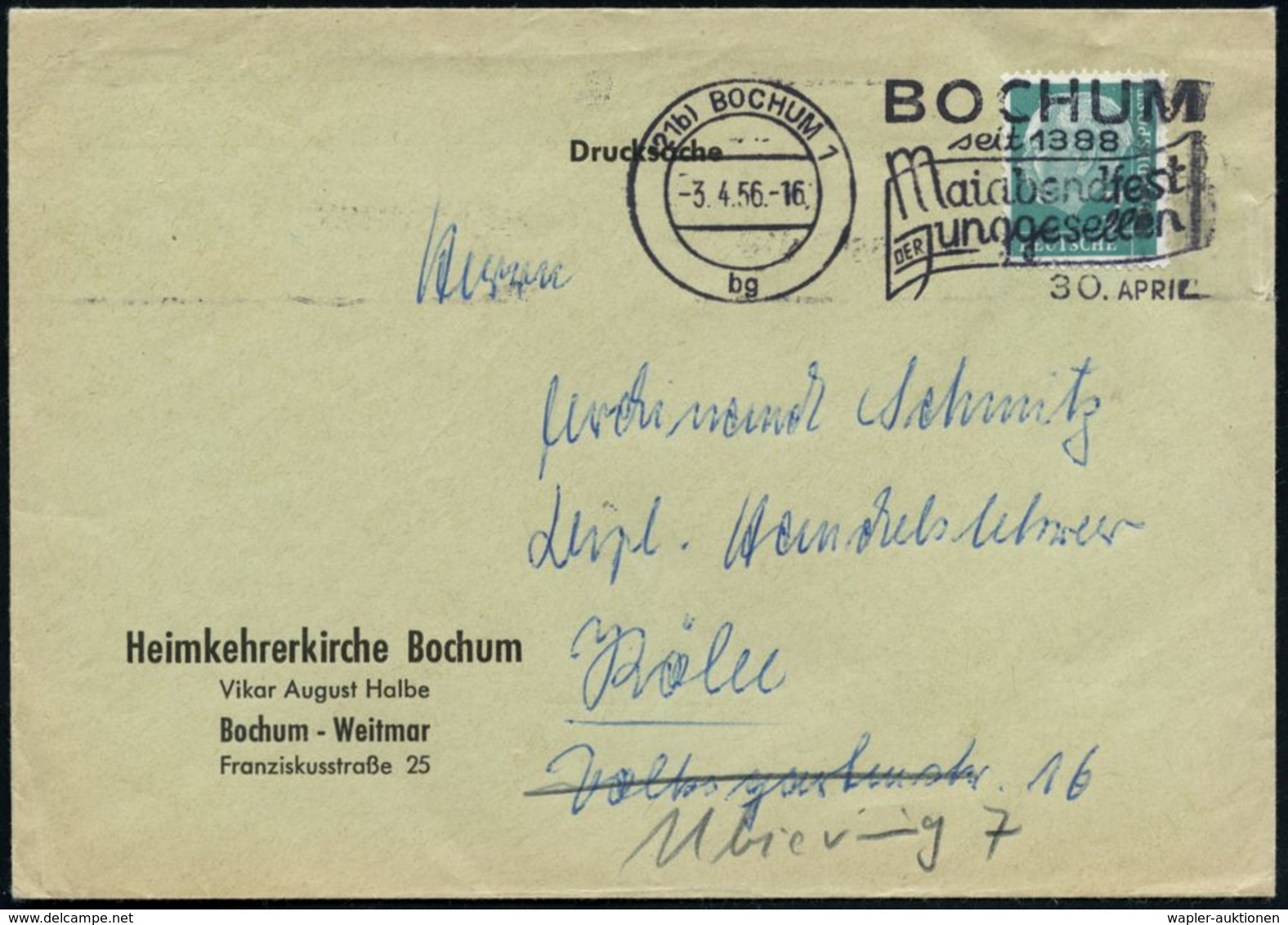 (21b) BOCHUM 1/ Bg/ ..Maiabendfest/ DER Jungesellen.. 1956 (3.4.) MWSt Auf Vordruck-Bf.: Heimkehrerekirche Bochum, Vikar - Altri & Non Classificati