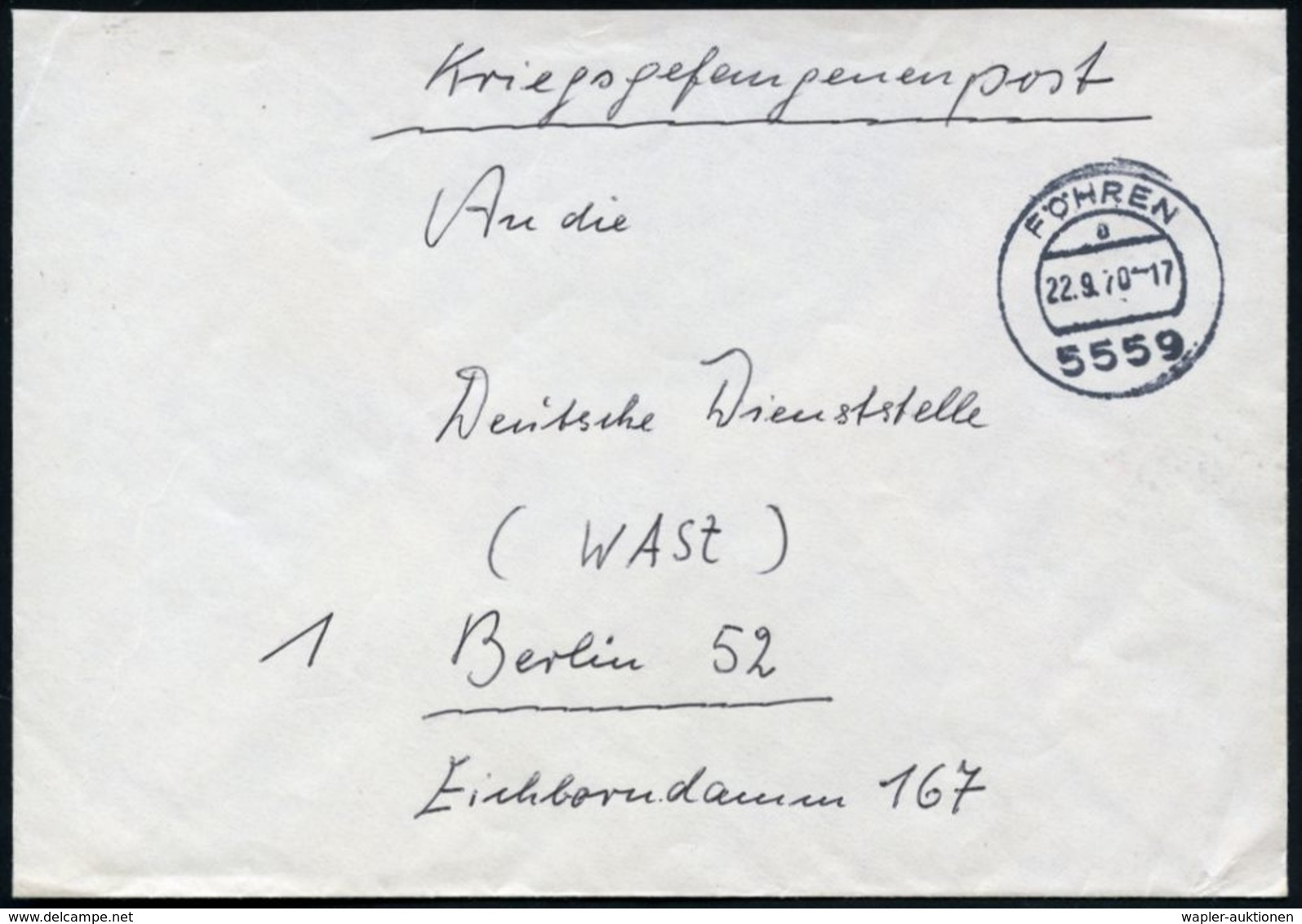 5559 FÖHREN/ A 1970 (22.9.) 1K + Hs. "Kriegsgefangenenpost", Portofreier WASt-Suchdienstbf.! , Seltene Verwendung! - WAS - Autres & Non Classés