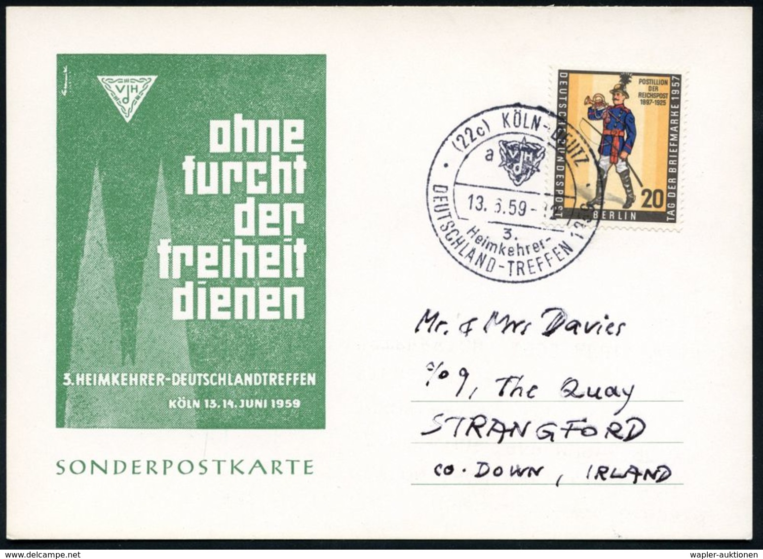 (22c) KÖLN-DEUTZ/ A/ 3./ Heimkehrer-/ DEUTSCHLAND-TREFFEN 1959 (13.6.) SSt Auf 20 Pf. Postillon (Mi.176 EF) Sonder-Kt.:  - Sonstige & Ohne Zuordnung