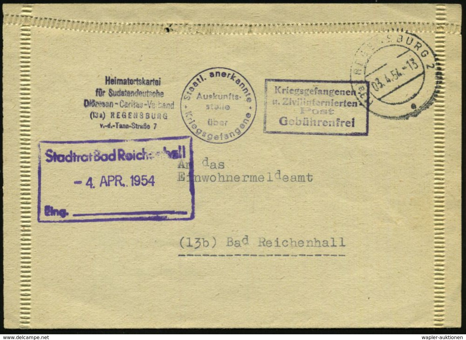 (13a) REGENSBURG 2 1954 (3.4.) 2K-Steg + Viol. Ra.4: Kriegsgefangenen-/u. Zivilinternierten-/Post/Gebührenfrei + 2 Viol. - Sonstige & Ohne Zuordnung