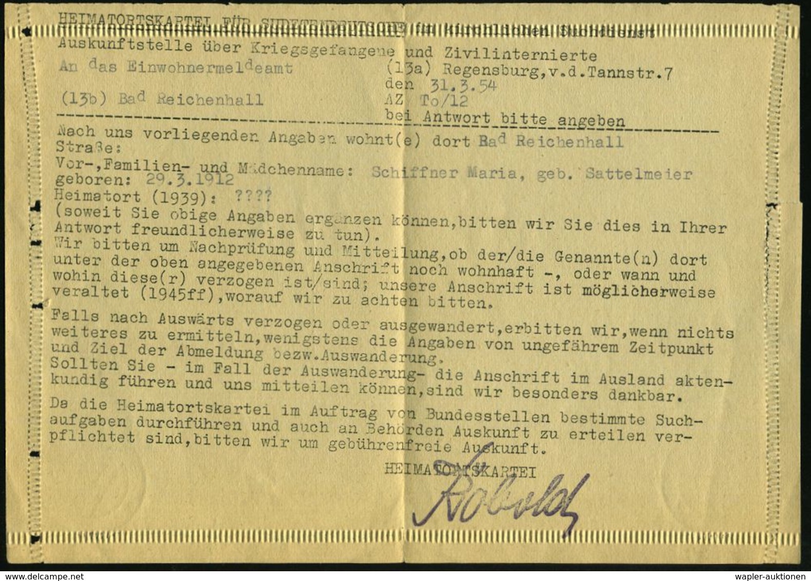 (13a) REGENSBURG 2 1954 (3.4.) 2K-Steg + Viol. Ra.4: Kriegsgefangenen-/u. Zivilinternierten-/Post/Gebührenfrei + 2 Viol. - Altri & Non Classificati