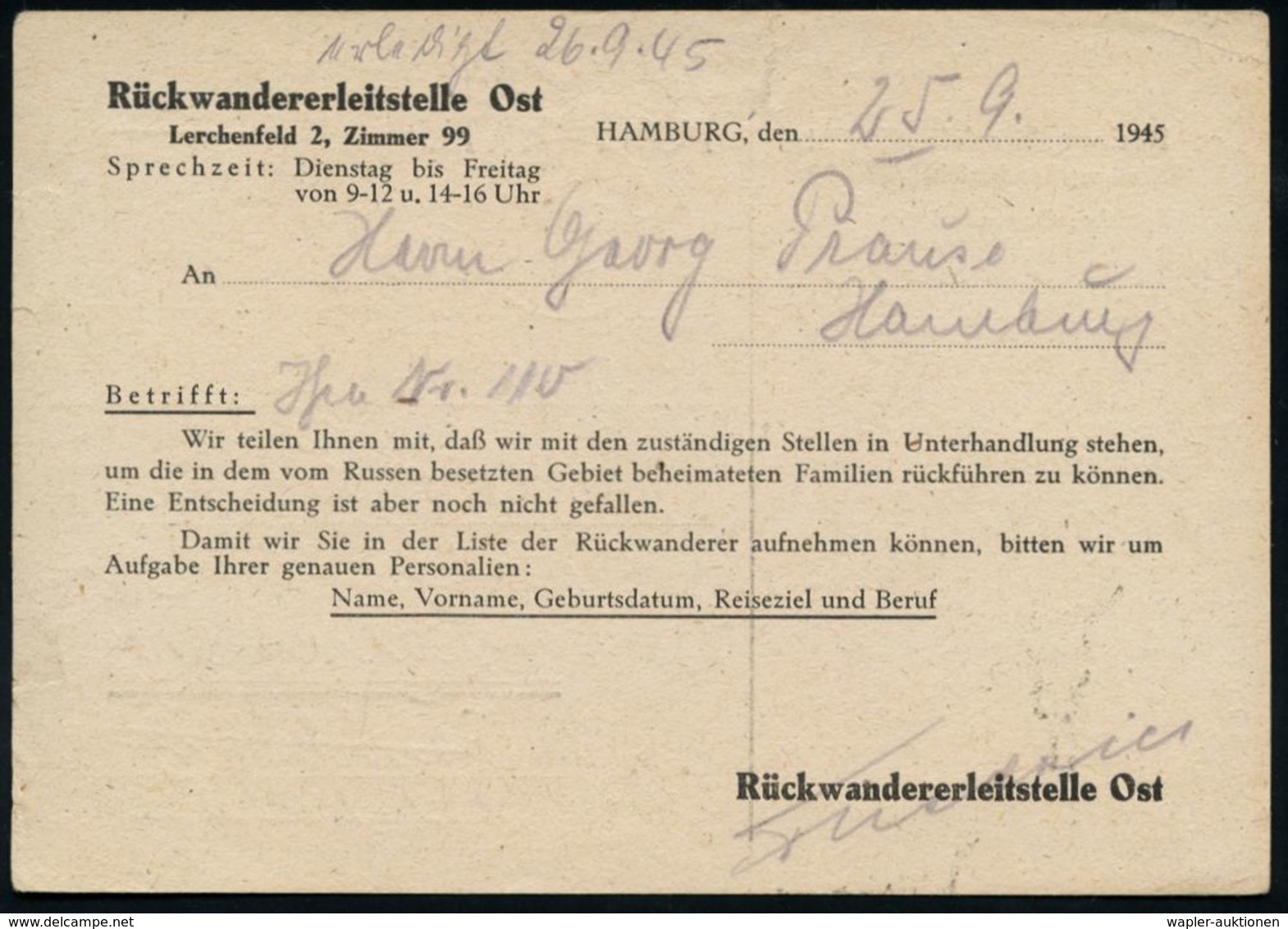 (24) HAMBURG 1/ Bb/ Deutsches/ Reich 1945 (Sept.) Aptierter AFS 6 Pf. = NS-Adler U. Hakenkreuz Entfernt , Dienst-Kt.: Rü - Flüchtlinge