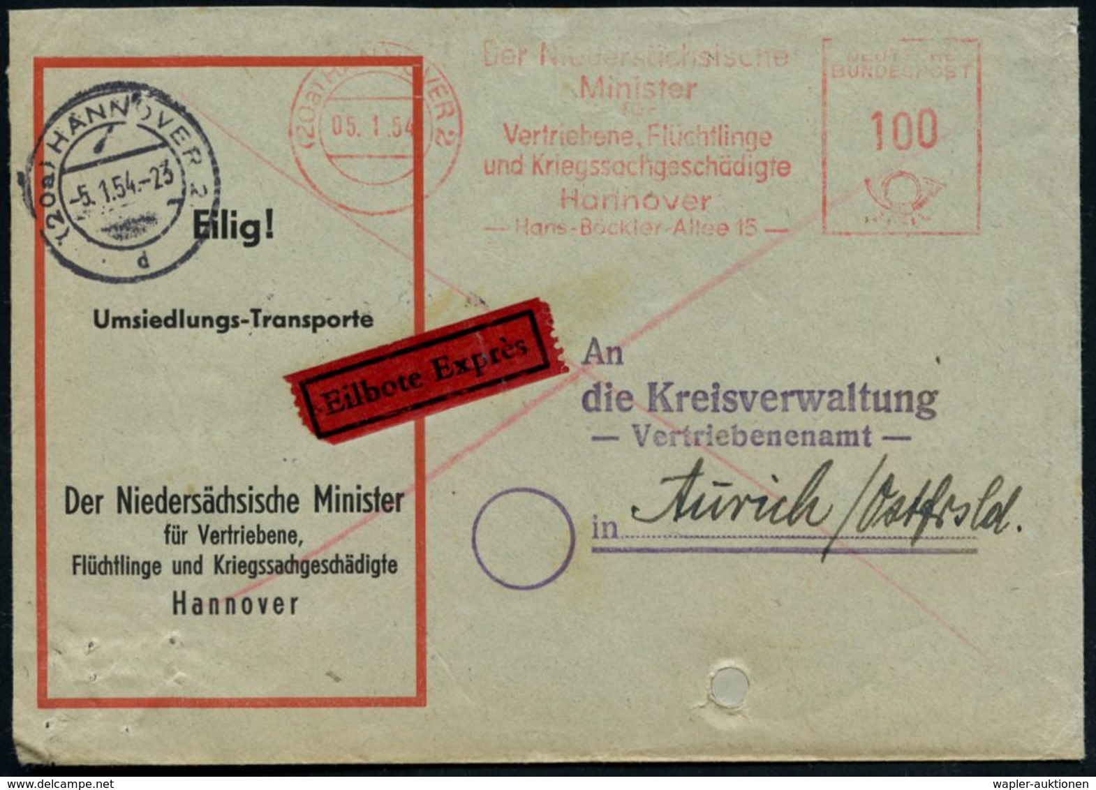 Hannover 1952/54 AFS.: (20 A) HANNOVER 2/Der Niedersächs./Minister/für/Vertriebene.. Bzw. Der Niedersächs./ Minister/für - Vluchtelingen