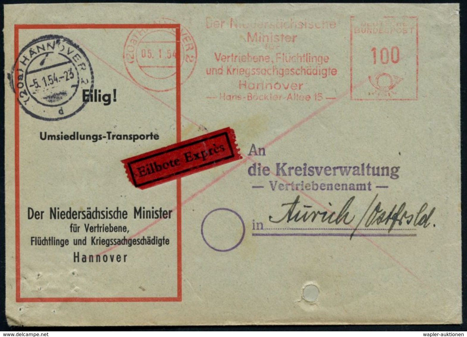 Hannover 1952/54 AFS.: (20 A) HANNOVER 2/Der Niedersächs./Minister/für/Vertriebene.. Bzw. Der Niedersächs./ Minister/für - Rifugiati