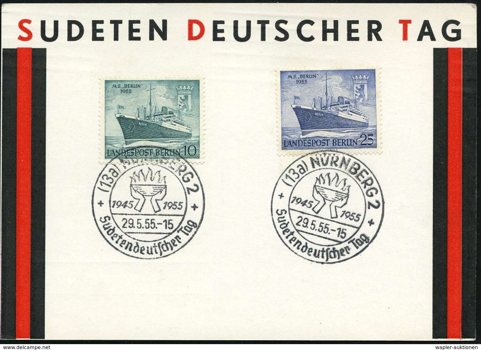 (13a) NÜRNBERG 2/ Sudetendeutscher Tag 1955 (29.5.) SSt (Hände Mit Flammenschale) 2x Rs. Auf Sonder-Kt. (Michaelis Nr.6, - Rifugiati