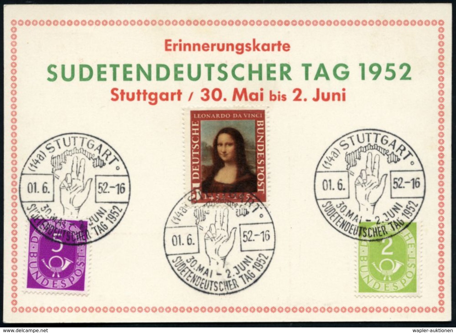 (14a) STUTTGART/ SUDETENDEUTSCHER TAG.. 1952 (1.6.) SSt = Schwurhand (vor Sudetenlandkarte) 3x Rs. Auf Sonder-Kt. (Micha - Vluchtelingen