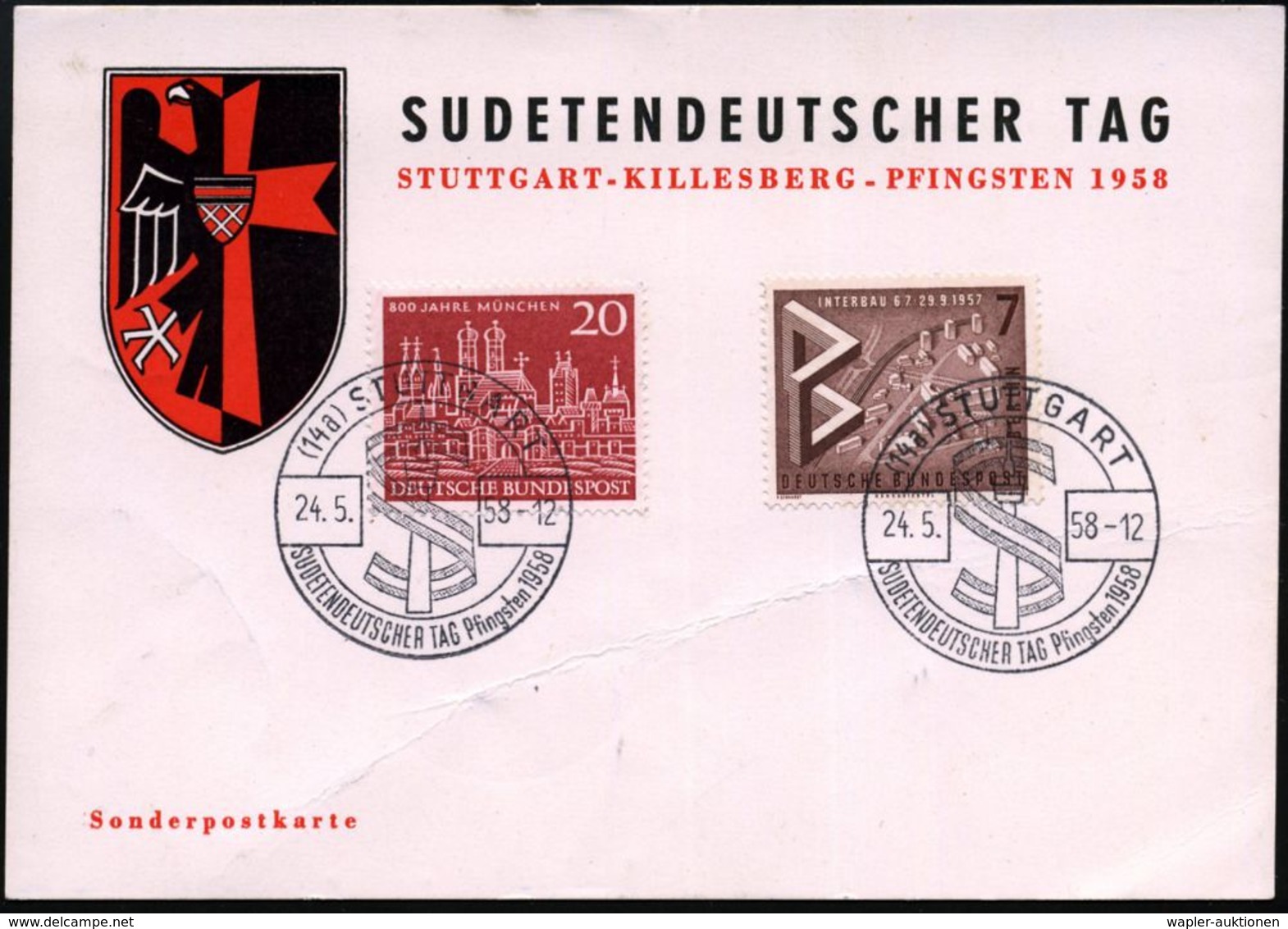 (14a) STUTTGART/ SUDETENDEUTSCHER TAG.. 1958 (24.5.) SSt (Flagge Um Fernsehturm) Rs. Auf Zweifarbiger Sonder-Kt. (Michae - Vluchtelingen