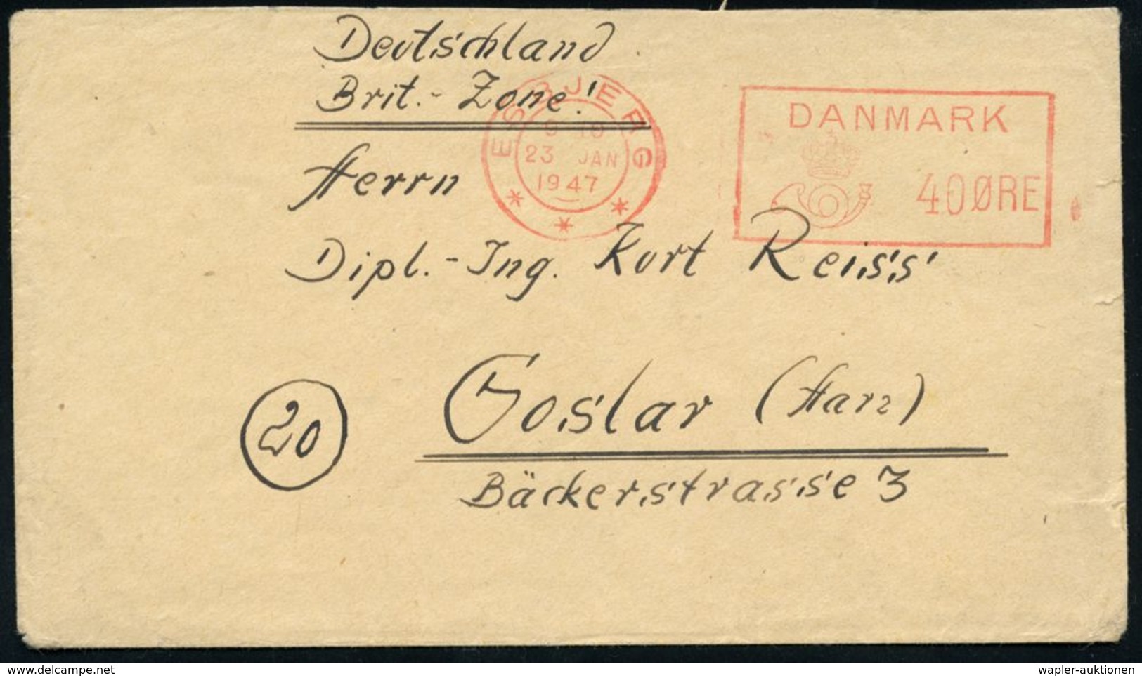 DÄNEMARK 1947 (23.1) PFS: ESBJERG/***/DANMARK 40 Öre, Rs. Hs.: "..Oksböl-Flüchtlingslager..  Bez. IV - Bar(acke). 47/7"  - Rifugiati