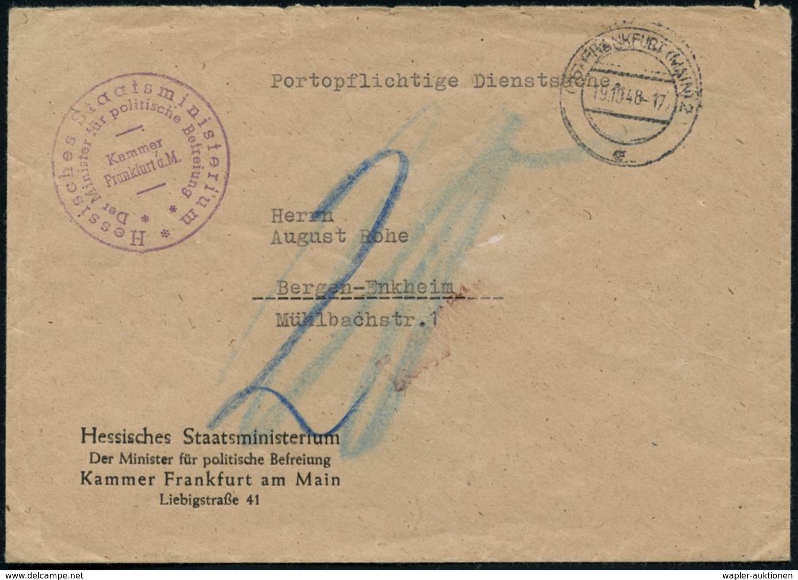 (16) FRANKFURT (MAIN) 2/ E 1948 (19.10.) 2K-Steg + Viol. 1K-HdN: Hessisches Staatsministerium/ Der Minister Für Politisc - Andere & Zonder Classificatie