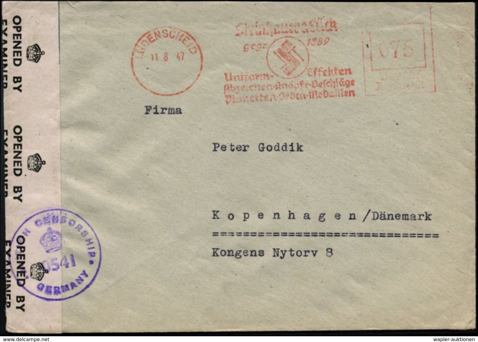 LÜDENSCHEID/ Steinhauser & Lück/ Gegr.1889/ Unifor,-Effekten/ Abzeichen../ Medaillen 1947 (11.8.) Ap-tierter AFS 075 Pf. - Andere & Zonder Classificatie