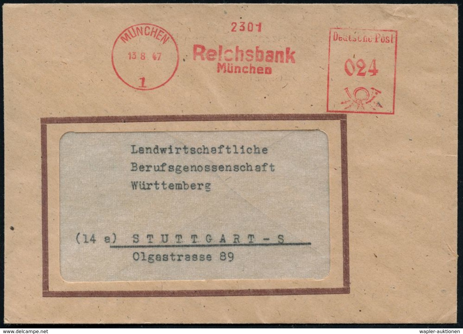 MÜNCHEN/ 1/ Reichsbank 1947 (13.8.) Seltener AFS-Typ + Rs. Neuer Abs.-Vordr.: Landes-Zentralbank Von Bayern! = Vorläufer - Andere & Zonder Classificatie