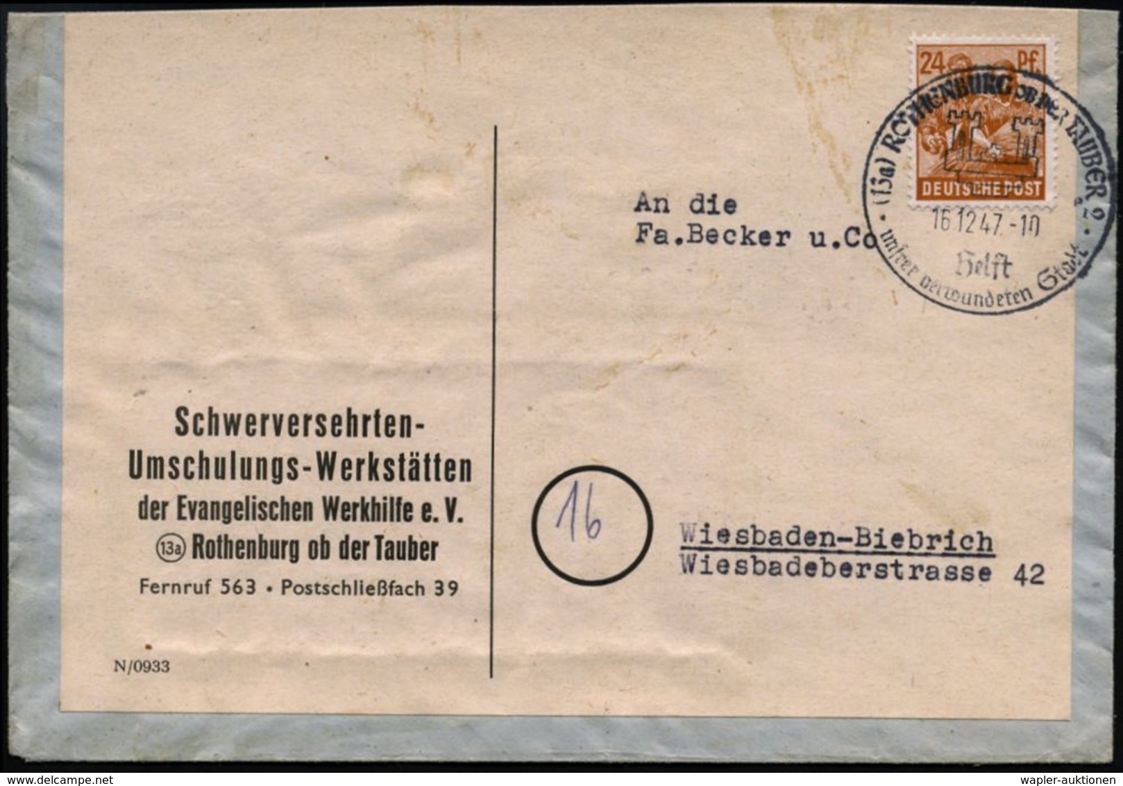 (13a) ROTHENBURG OB DER TAUBER 2/ Helft/ Unserer Verwundeten Stadt 1947 (16.12.) HWSt (Stadtwappen) Recycling-Fern-Bf.:  - Altri & Non Classificati