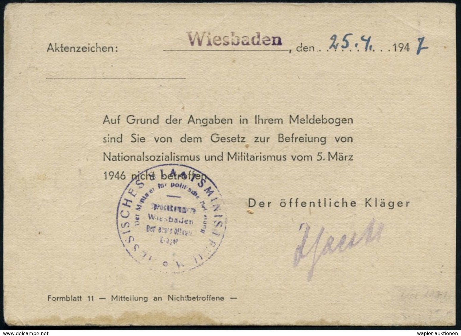WIESBADEN 1/ C/ Vergiss Nicht Strasse/ U.Hausnummer.. 1947 (8.5.) MWSt + Viol. 1K-HdN: HESS. STAATSMINISTE-RIUM/ Der Min - Andere & Zonder Classificatie