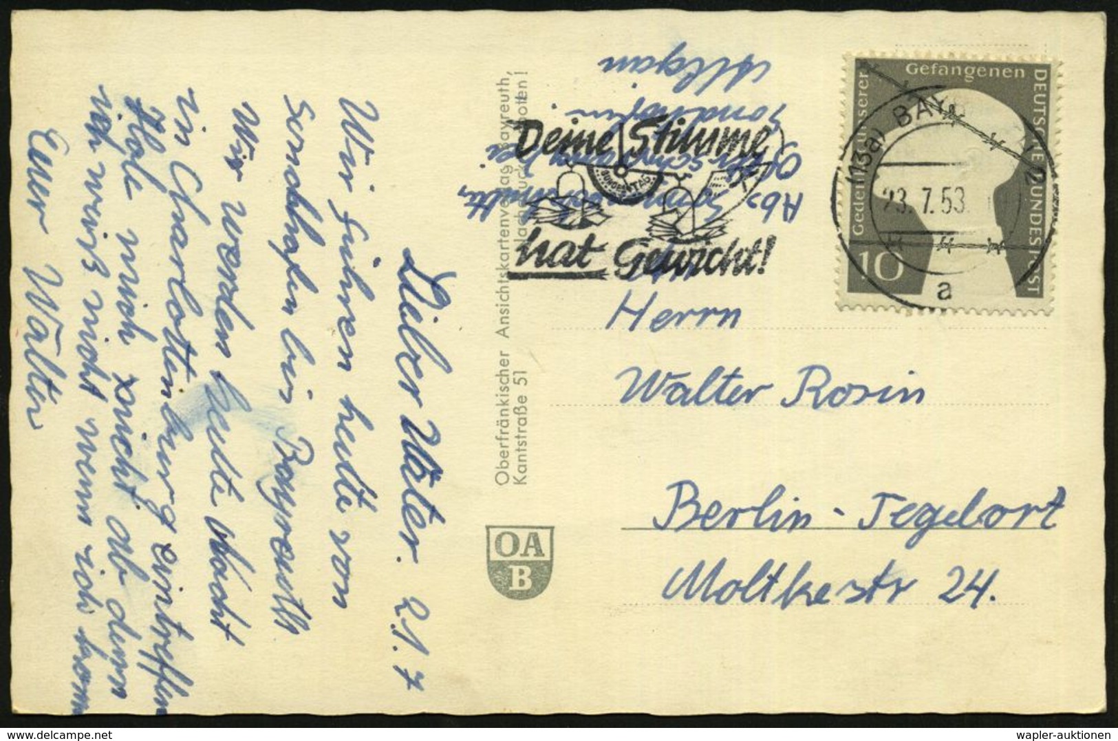 (13a) BAYREUTH 2/ A/ Deine Stimme/ Hat Gewicht! 1953 (23.7.) Seltener MWSt = Waage Mit Stimmzetteln (in Ort Oben Gering  - Autres & Non Classés