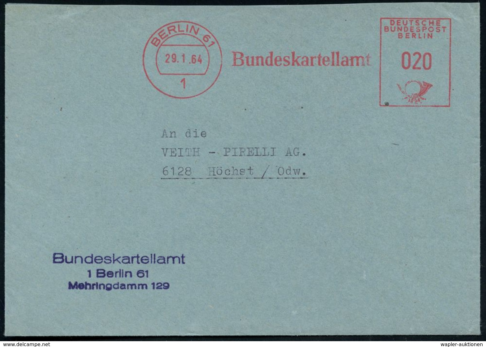 1 BERLIN 61/ Bundeskartellamt 1964 (29.1.) AFS + Viol. Abs.-3L: Bundeskartellamt.. ,(rs. Abs.-Vordr.) Fern-Dienstbf. - G - Altri & Non Classificati