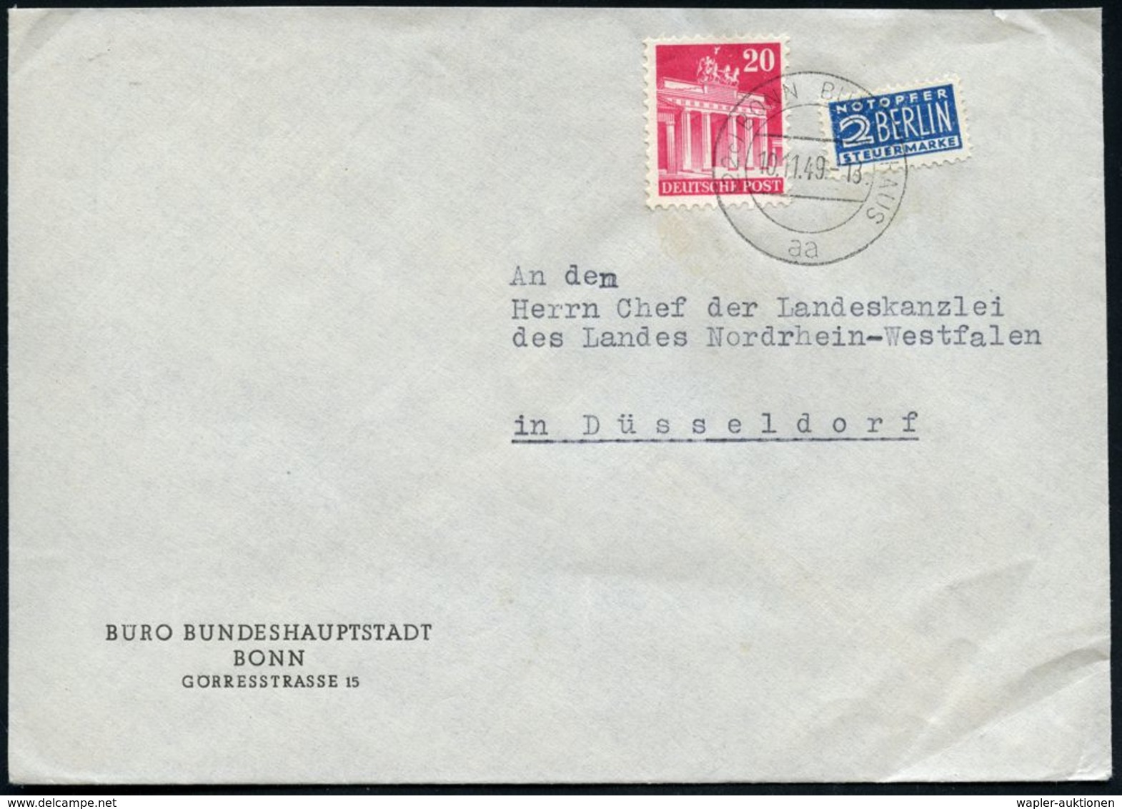 (22c) BONN  B U N D E S H A U S /  Aa 1949 (10.11.) 2K-Steg = Hauspostamt Deutscher Bundestag Auf Dienst-Bf.: BÜRO BUNDE - Altri & Non Classificati