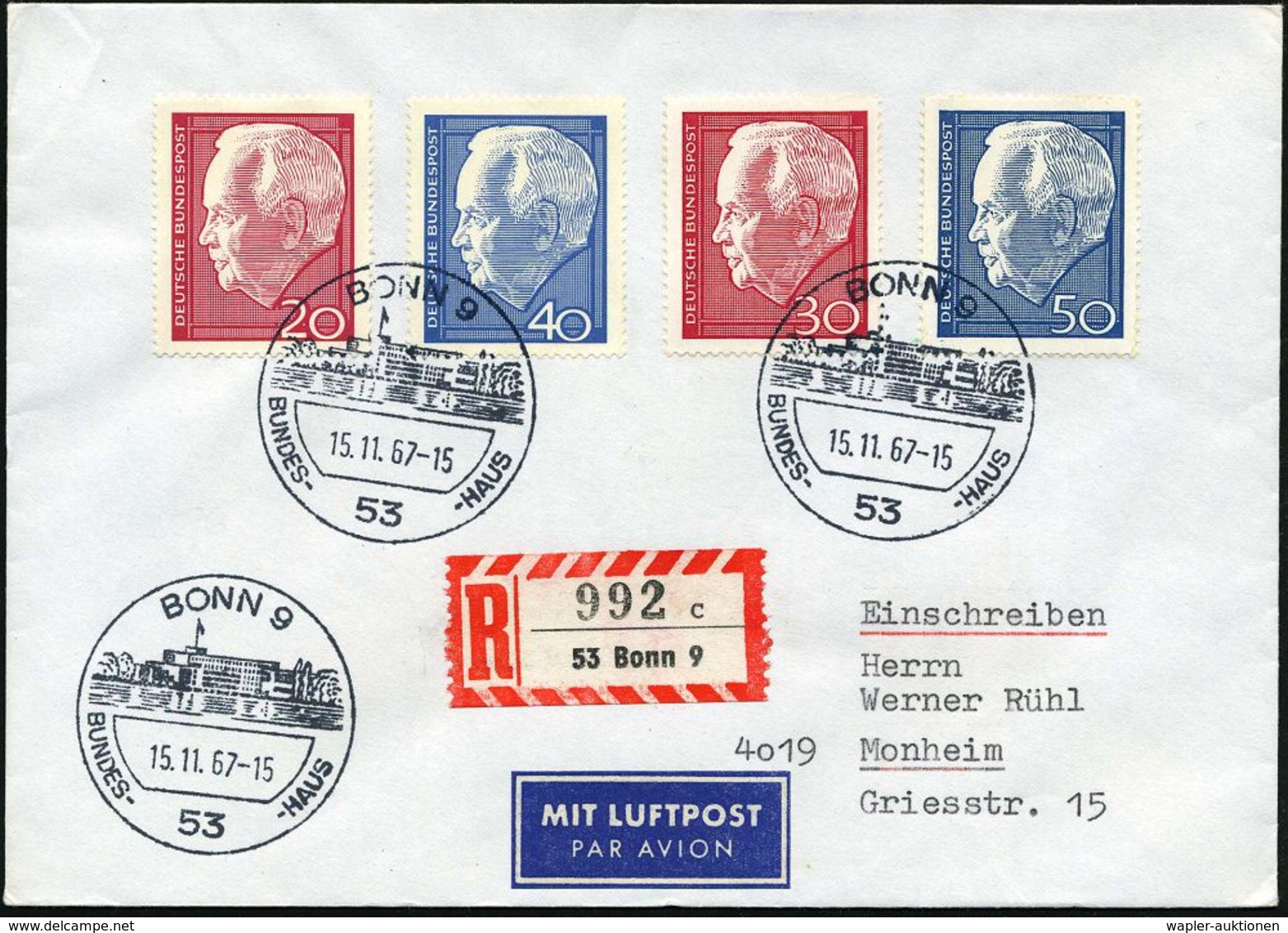 53 BONN 9/ BUNDES-HAUS 1967 (15.11.) HWSt = Hauspostamt Bundestag (Bundeshaus) 3x Klar Auf 2x Kompl. Satz Lübke (Mi.542/ - Andere & Zonder Classificatie