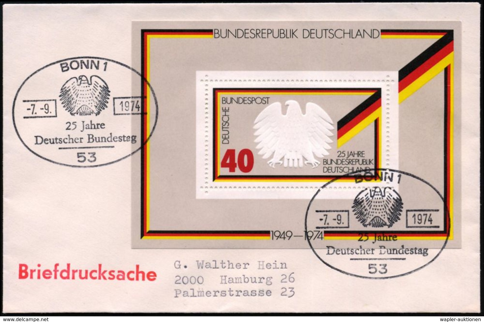 53 BONN 1/ 25 Jahre/ Deutscher Bundestag 1974 (7.9.) SSt Auf EF 40 Pf. Jubil.-Block "25 Jahre BRD" (Mi.Bl.10 EF) Inl.-Bf - Autres & Non Classés