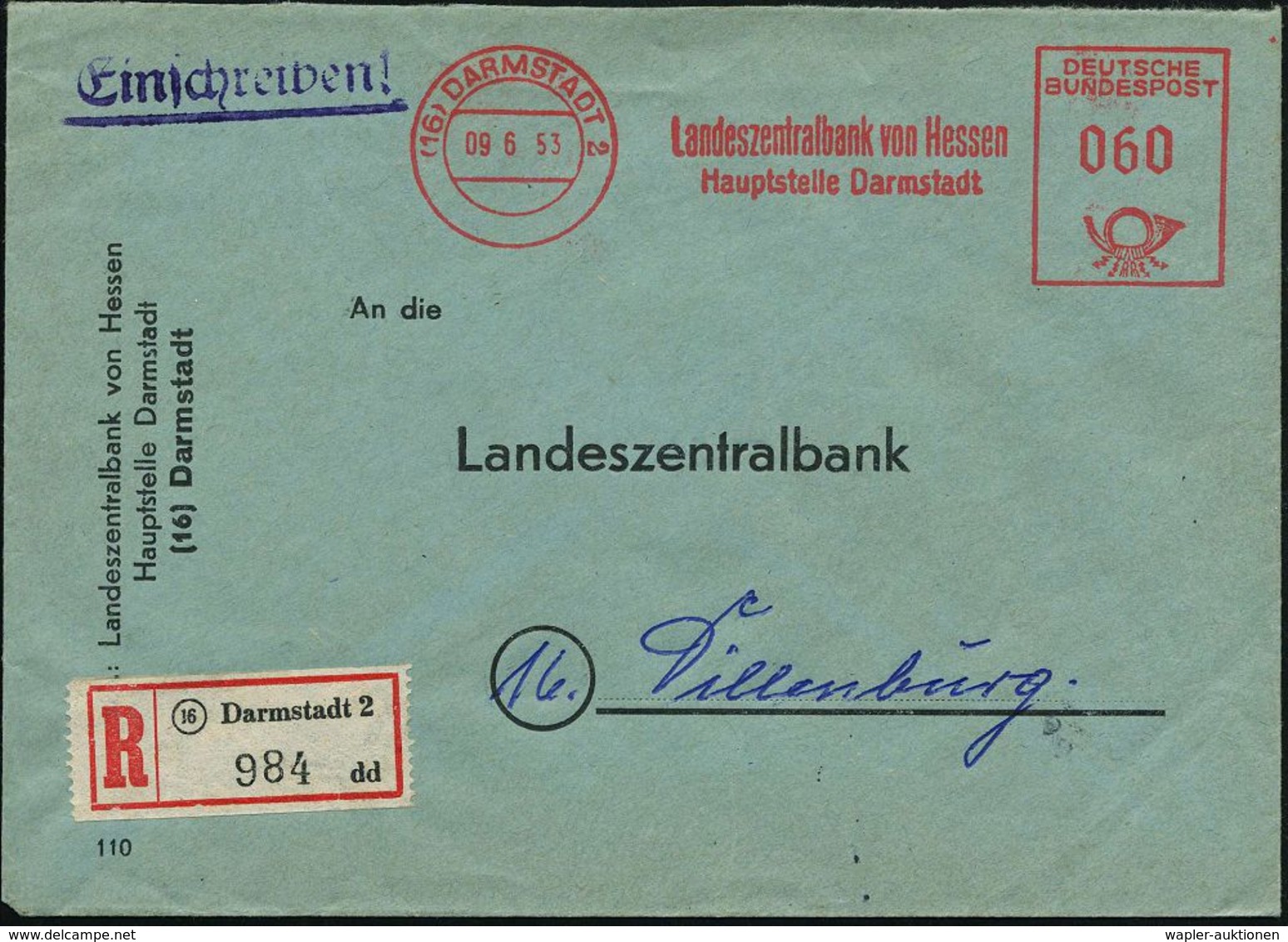 (16) DARMSTADT 2/ Landeszentralbank V.Hessen/ Hauptstelle 1953 (9.6.) AFS 060 Pf. + RZ: (16) Darmstadt 2/d D, Inl.-R-Bf. - Altri & Non Classificati