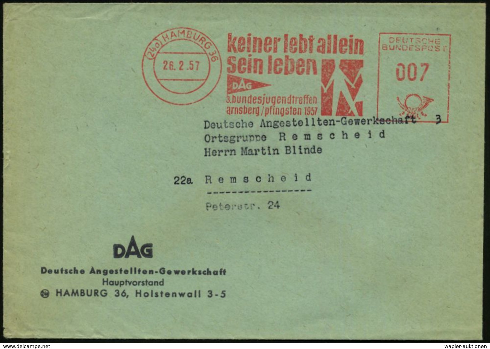 (24a) HAMBURG 36/ Keiner Lebt Allein/ Sein Leben/ DAG/ 3.bundesjugendtreffen/ Arnsberg 1957 Seltener AFS (Menschenkette) - Autres & Non Classés