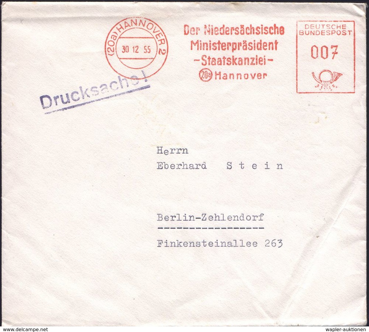 (20a) HANNOVER 2/ Der Niedersächs./ Ministerpräsident/ -Staatskanzlei- 1955 (30.12.) AFS Auf Dienst-Bf. + Inhalt: Dank-K - Altri & Non Classificati