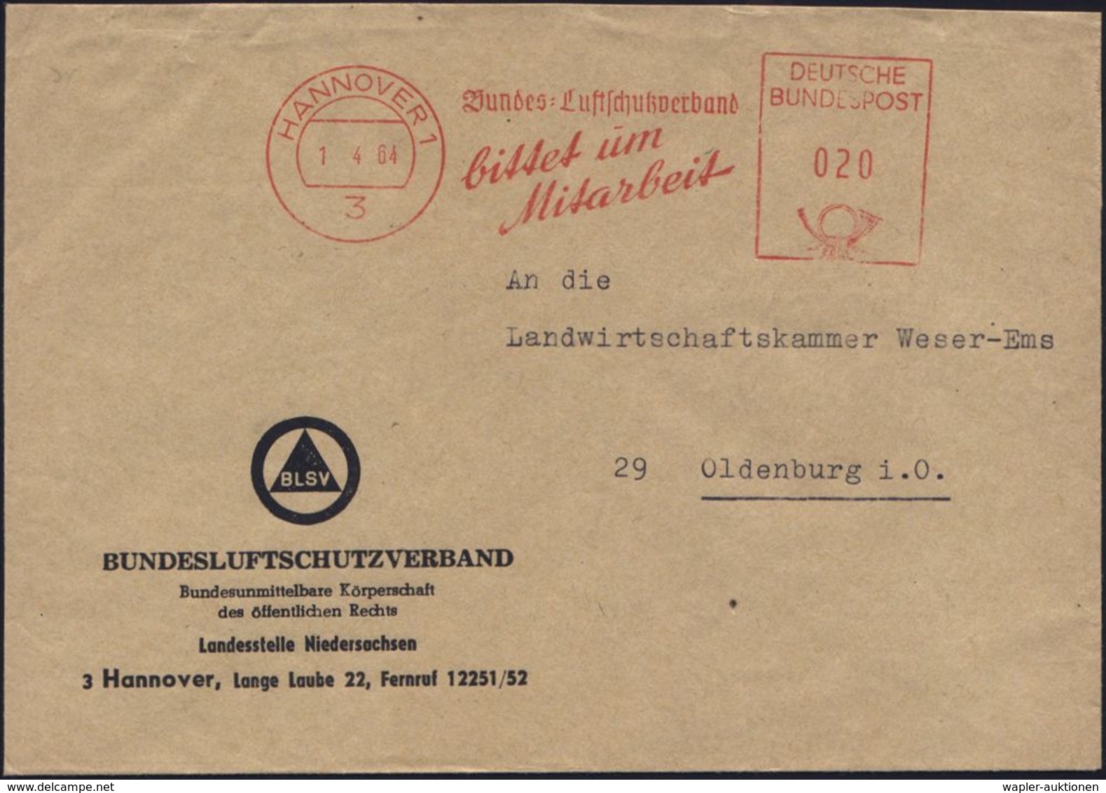 (20a) HANNOVER 1/ Bundes-Luftschutzverband/ Bittet Um/ Mitarbeit 1964 (1.4.) AFS Auf Dienst-Bf.: Bundesluftschutzverband - Autres & Non Classés